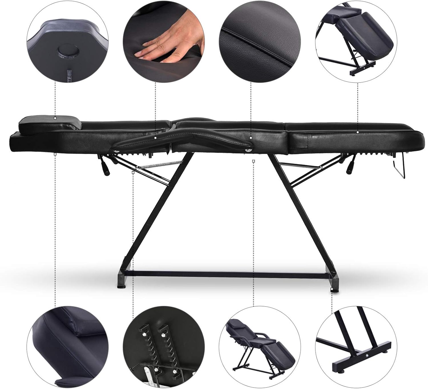Paddie Cama de masaje profesional plegable de 3 secciones, mesa de tatuaje ajustable para cliente, silla facial de 73 pulgadas para esteticista,