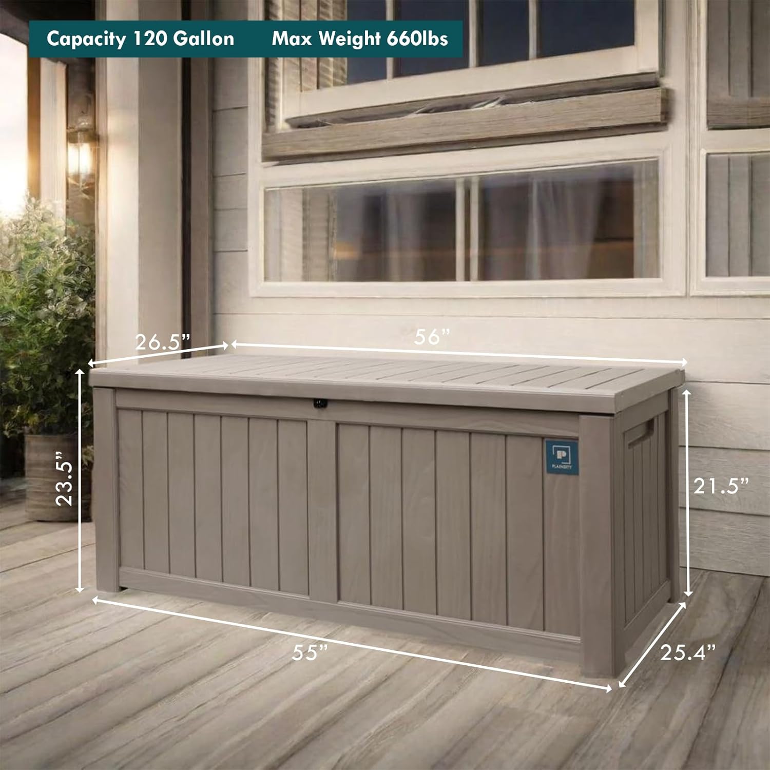 Caja grande de 120 galones, caja de almacenamiento de resina para exteriores, contenedor impermeable con cerradura para cojín de patio, muebles de