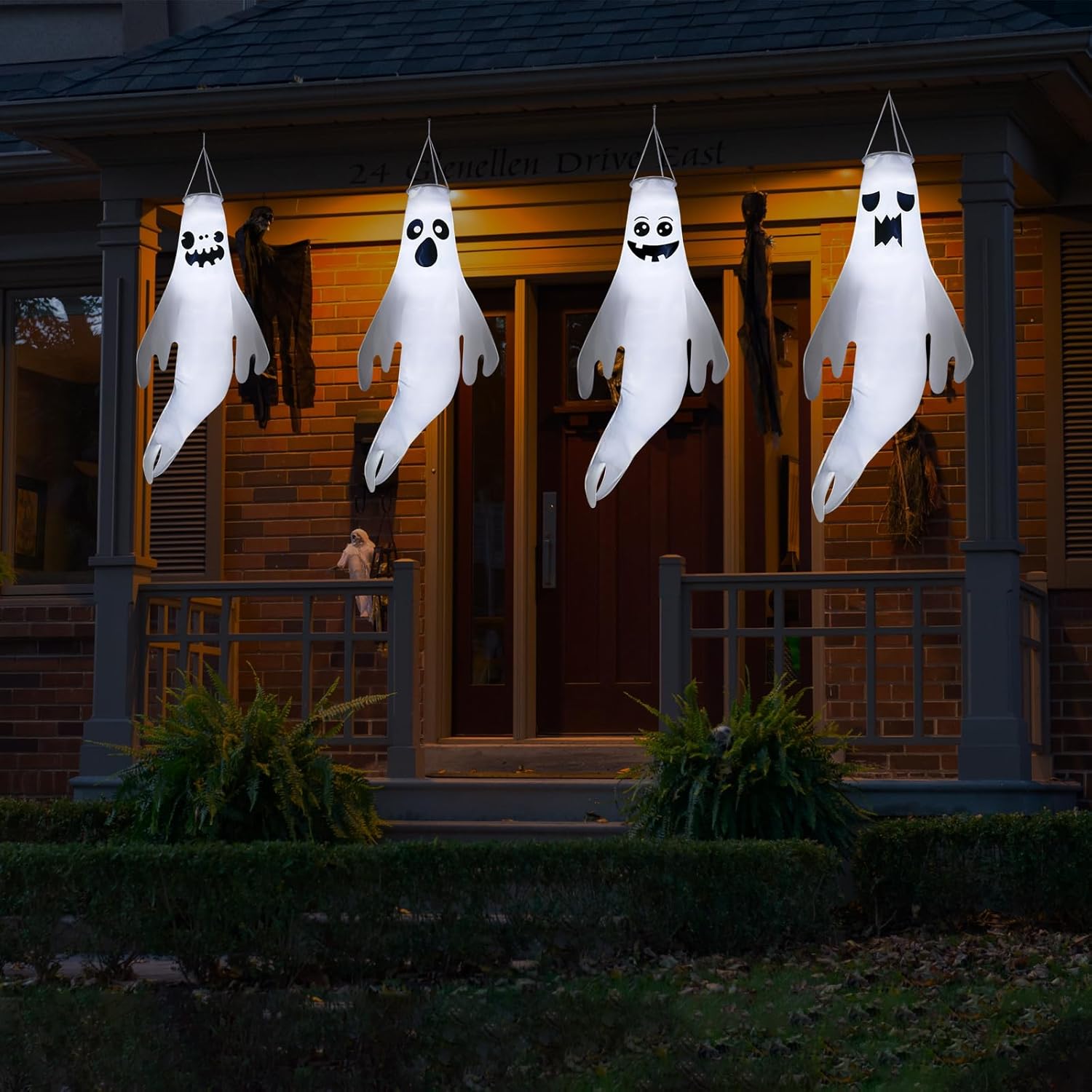 4 turbinas de viento fantasma de Halloween de 45 pulgadas para decoración al aire libre, lindo fantasma con control remoto y cadena de luz LED, 8