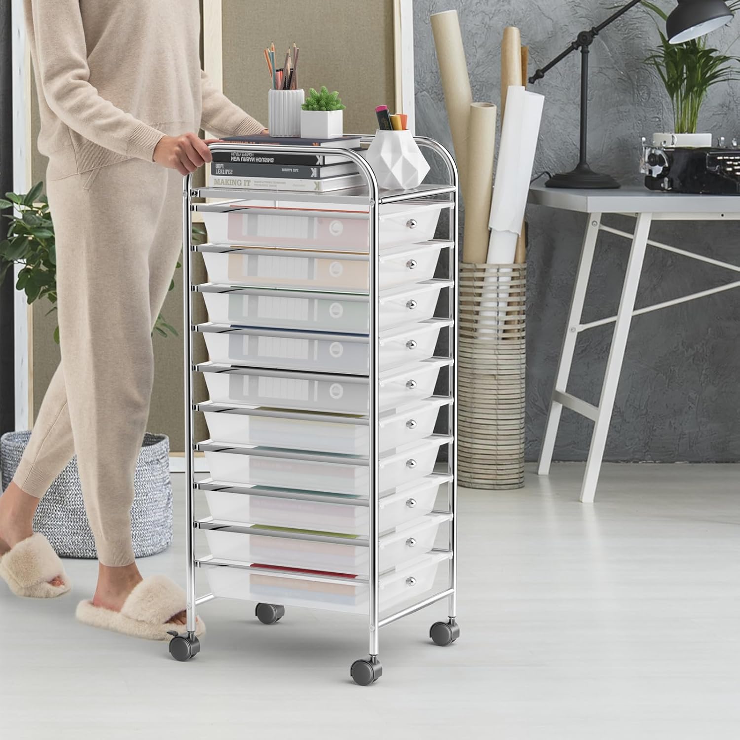 MEDIMALL Carrito de almacenamiento con ruedas de 10 cajones, carrito de almacenamiento multiusos para manualidades con ruedas, organizador de papel