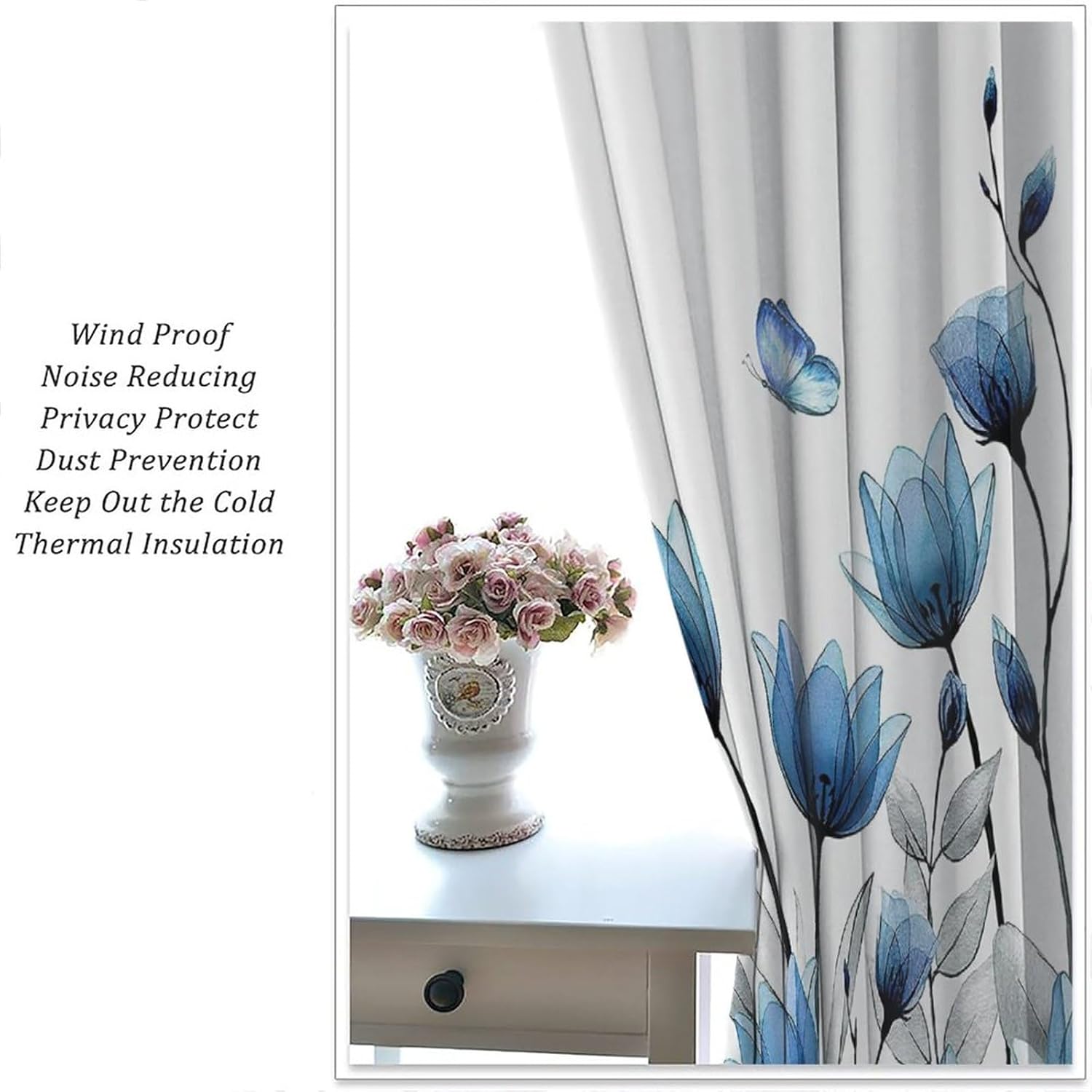 Cortinas de flores azules con tulipanes florales para mujer, plantas botánicas de mariposa, elegantes y pequeñas, para sala de estar, tela de