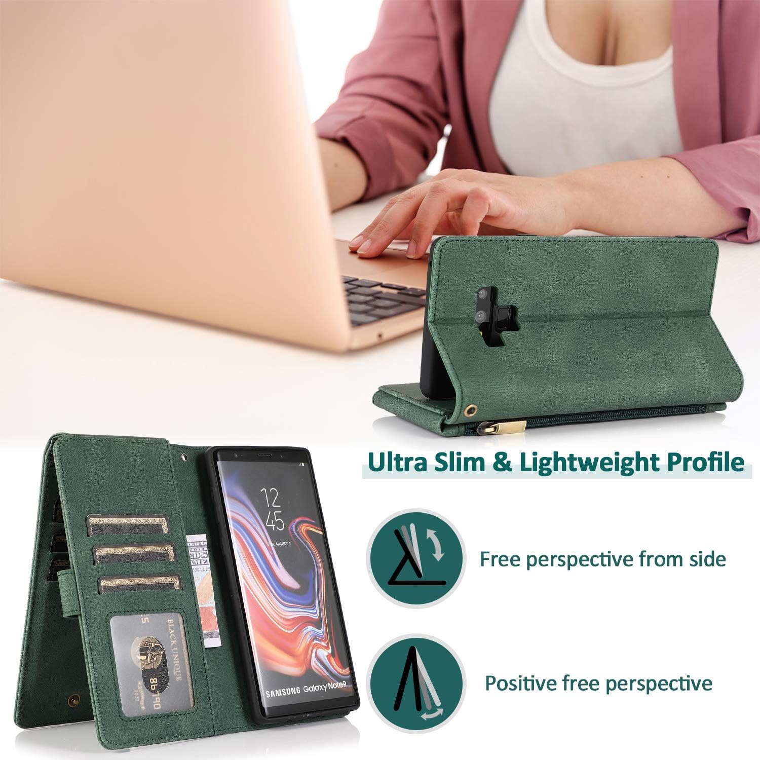 Asuwish Compatible con Samsung Galaxy Note 9 – Funda tipo cartera de vidrio templado, protector de pantalla y cremallera de cuero retro, soporte