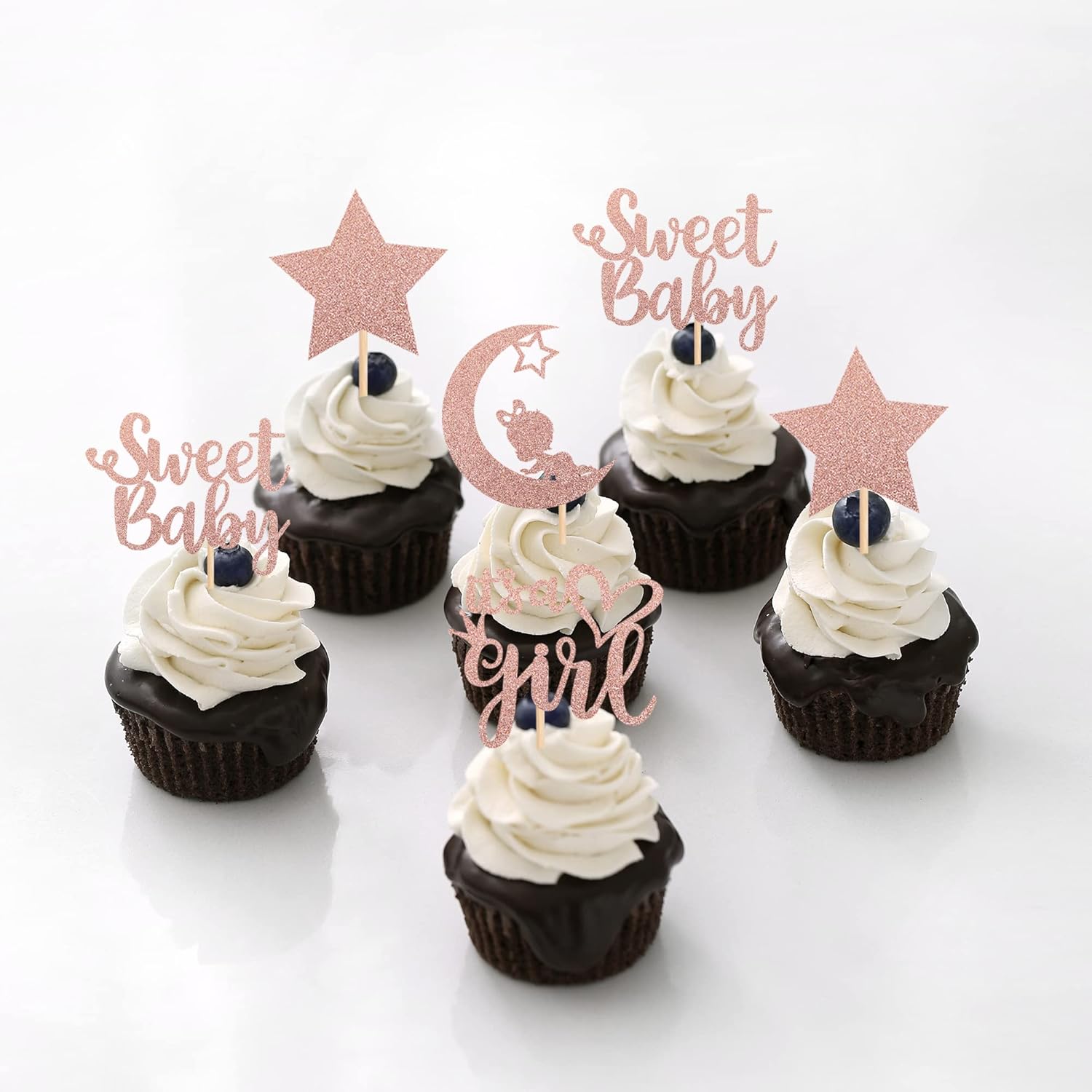 36 piezas de decoración para cupcakes para baby shower con luna con purpurina y estrella It’s a Girl Sweet Baby Reveal para cupcakes Baby Shower