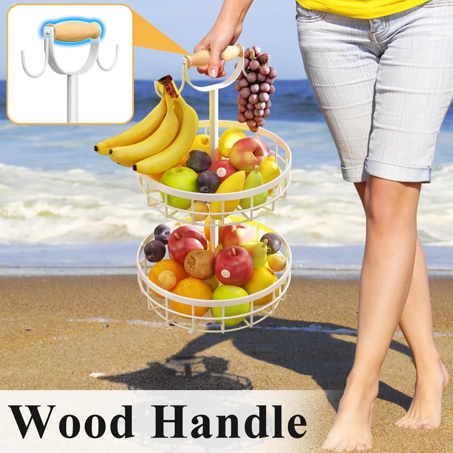 SAYZH Cesta de frutas de 2 niveles con soporte doble para árbol de plátano y mango de elevación de madera, cesta de alambre de metal para encimera