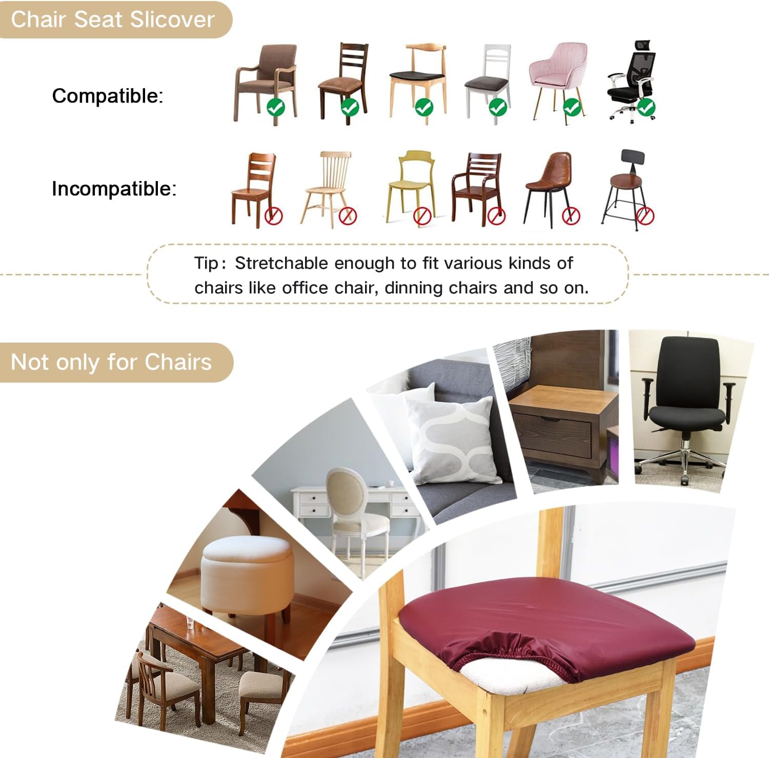 Fundas de asiento elásticas de cuero con lazos elásticos, impermeables, de piel sintética, extraíbles y lavables, para el hogar, la cocina (rojo