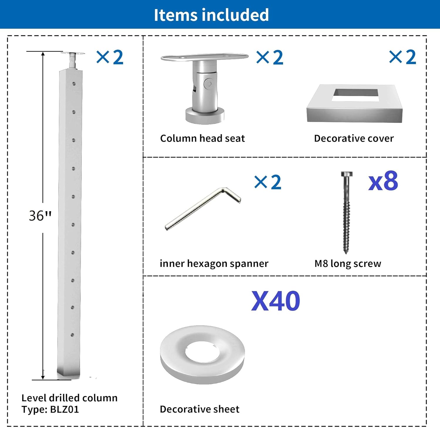 LANGLIER 2 postes de barandilla para cables de 36 x 2 x 2 pulgadas (columna cuadrada de 33 pulgadas), acabado plateado de acero inoxidable, para