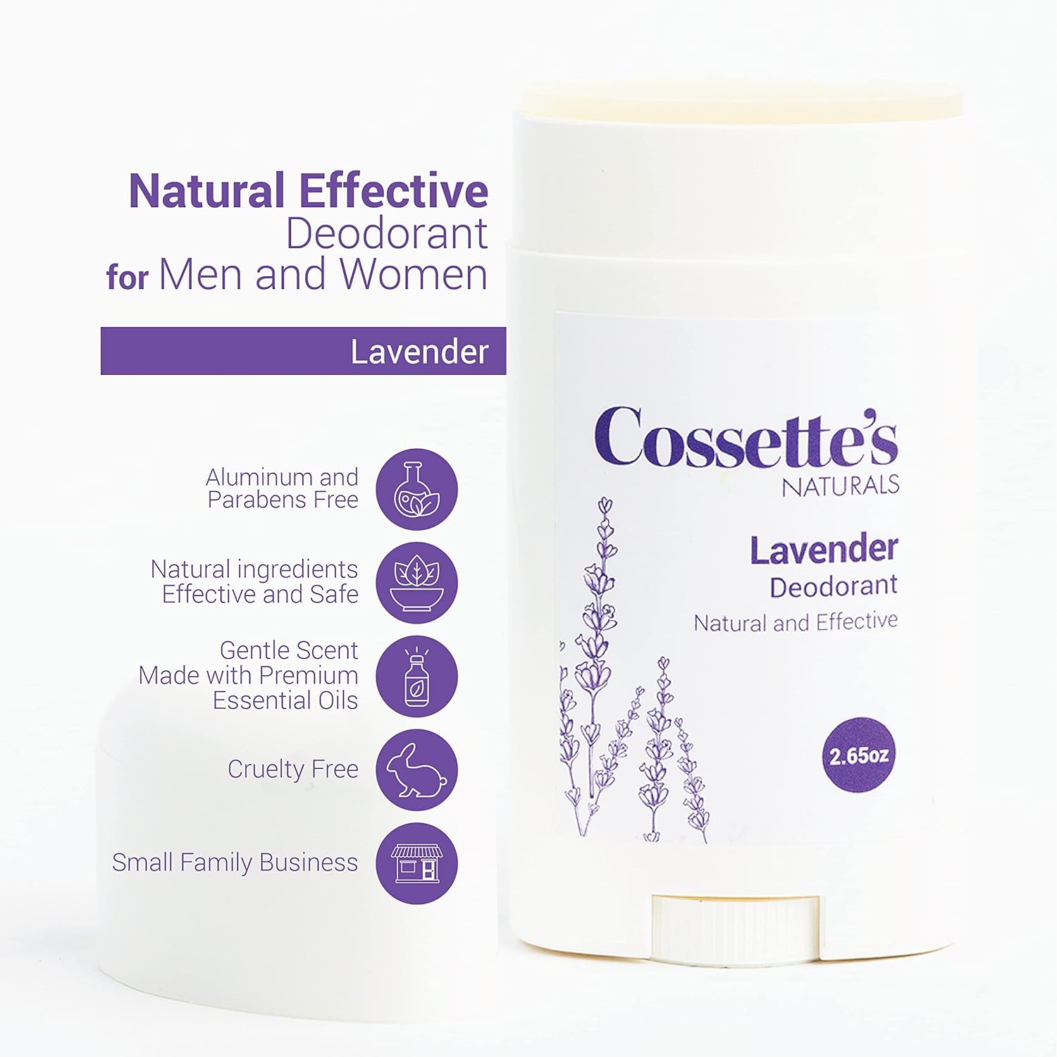Cossette’s Naturals – Desodorante natural para hombres y mujeres, libre de aluminio y parabenos con aceites esenciales (lavanda, 2.65 oz (1 paquete))