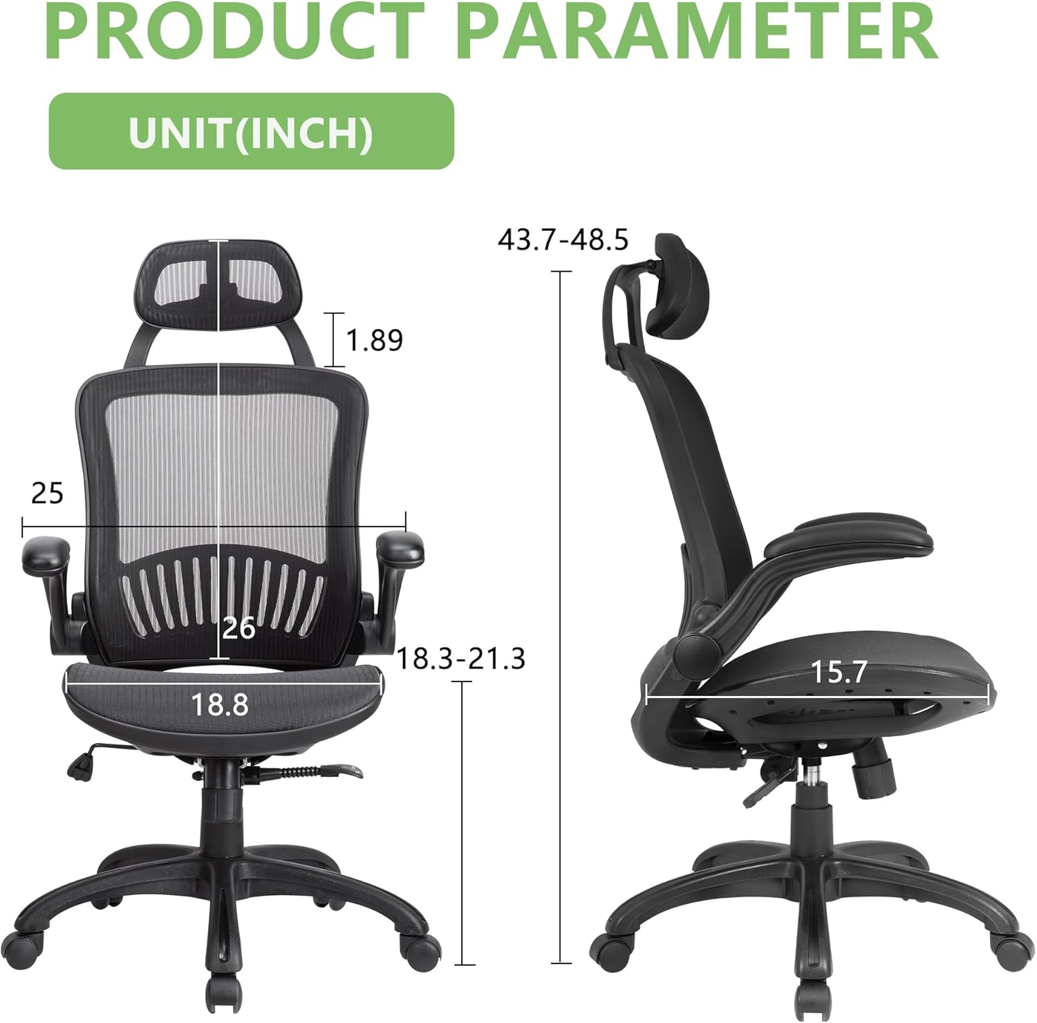 Silla de oficina ergonómica de malla, silla de computadora con soporte lumbar, reposacabezas y brazos abatibles, giratoria, ajustable, para adultos