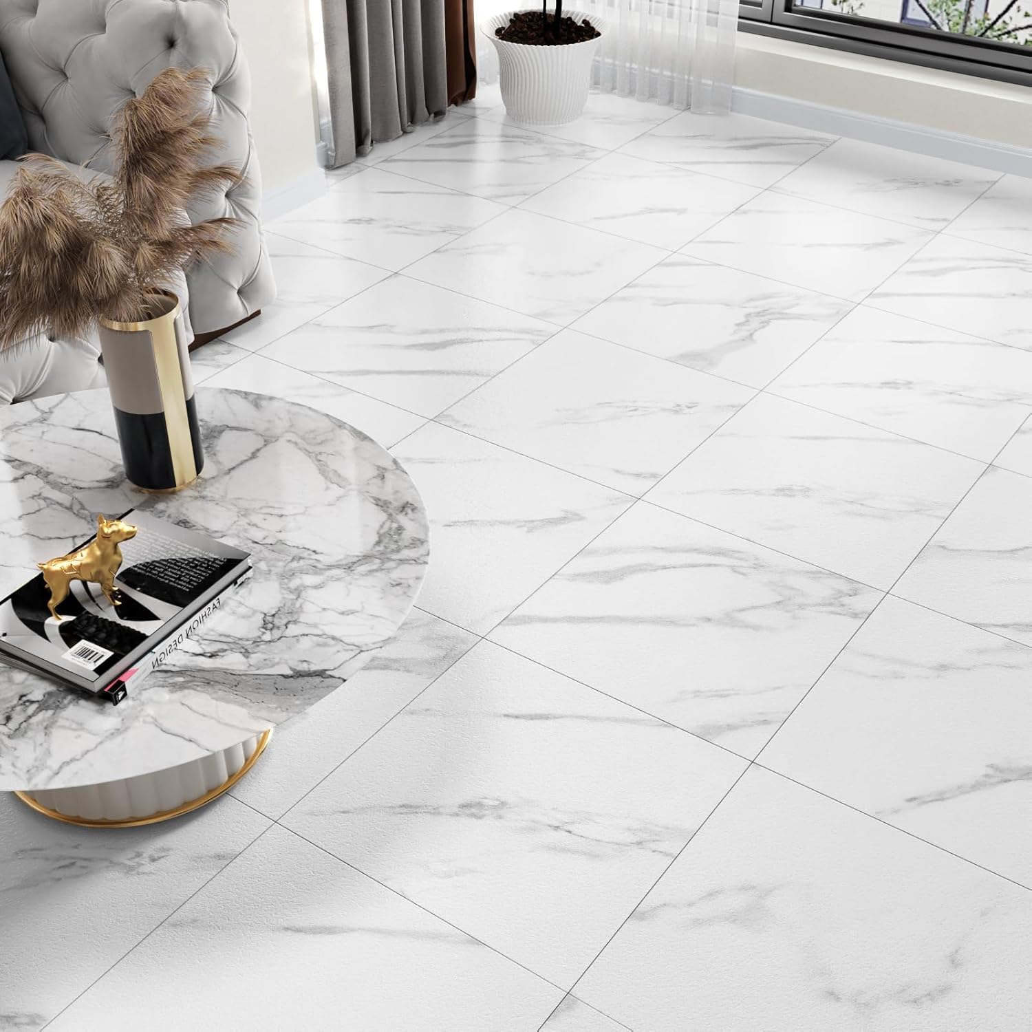 WESTICK Azulejos de suelo blancos para despegar y pegar, 20 azulejos de mármol para despegar y pegar, impermeables, suelos de vinilo autoadhesivos