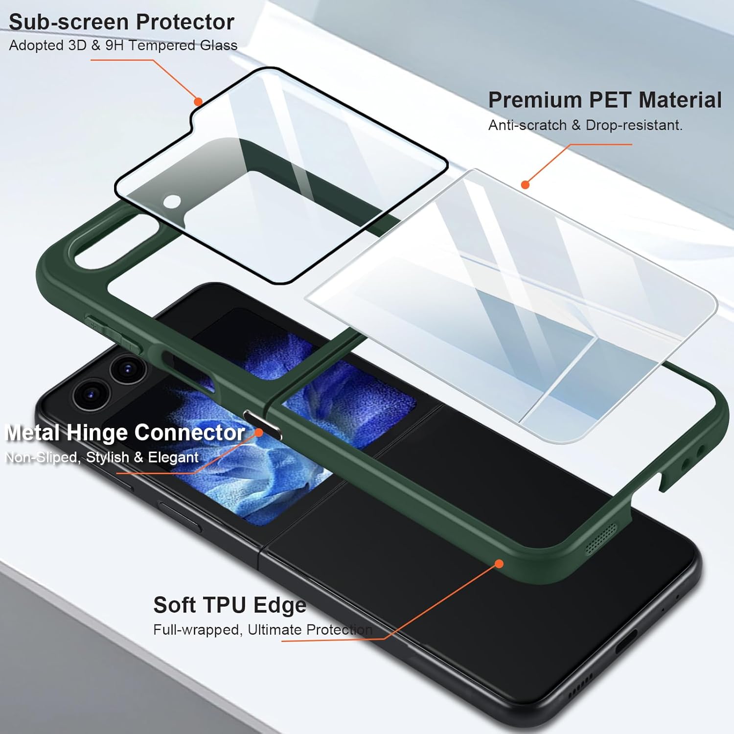 MALEWOLF Funda protectora para Samsung Galaxy Z Flip 5, antiarañazos Flip 5 protector de pantalla secundaria y protector de cámara con conector de