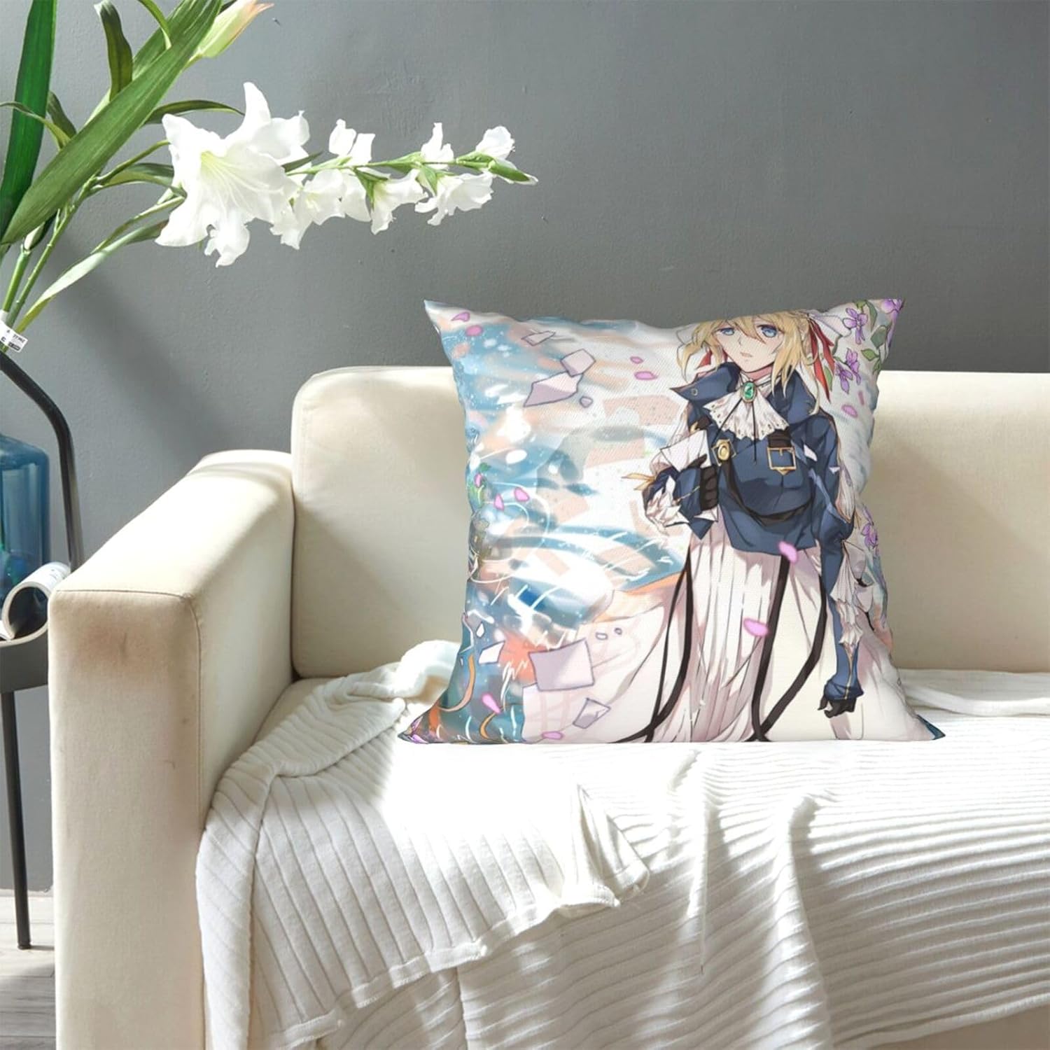 Evergarden – Fundas de almohada violeta con diseño de animación, decoración del hogar, funda de almohada para sofá, asiento de automóvil, ropa de