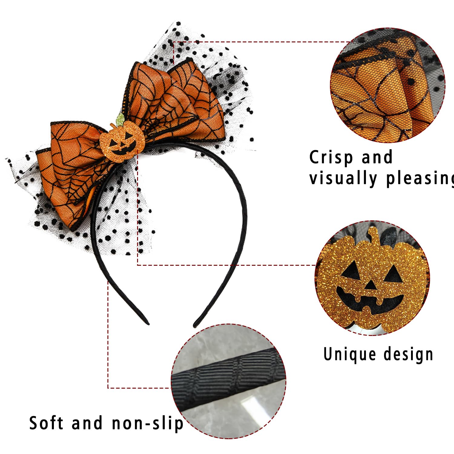 Diadema de lazo de Halloween con purpurina de calabaza, aro de telaraña para el cabello, accesorios para el cabello para mujeres y niñas, accesorios