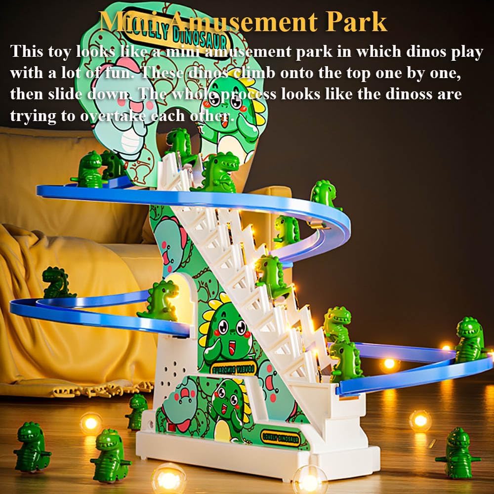 Juego de juguetes de diapositivas de dinosaurio, divertido juguete de dinosaurio escalera mecánica de dinosaurio automático para subir escaleras