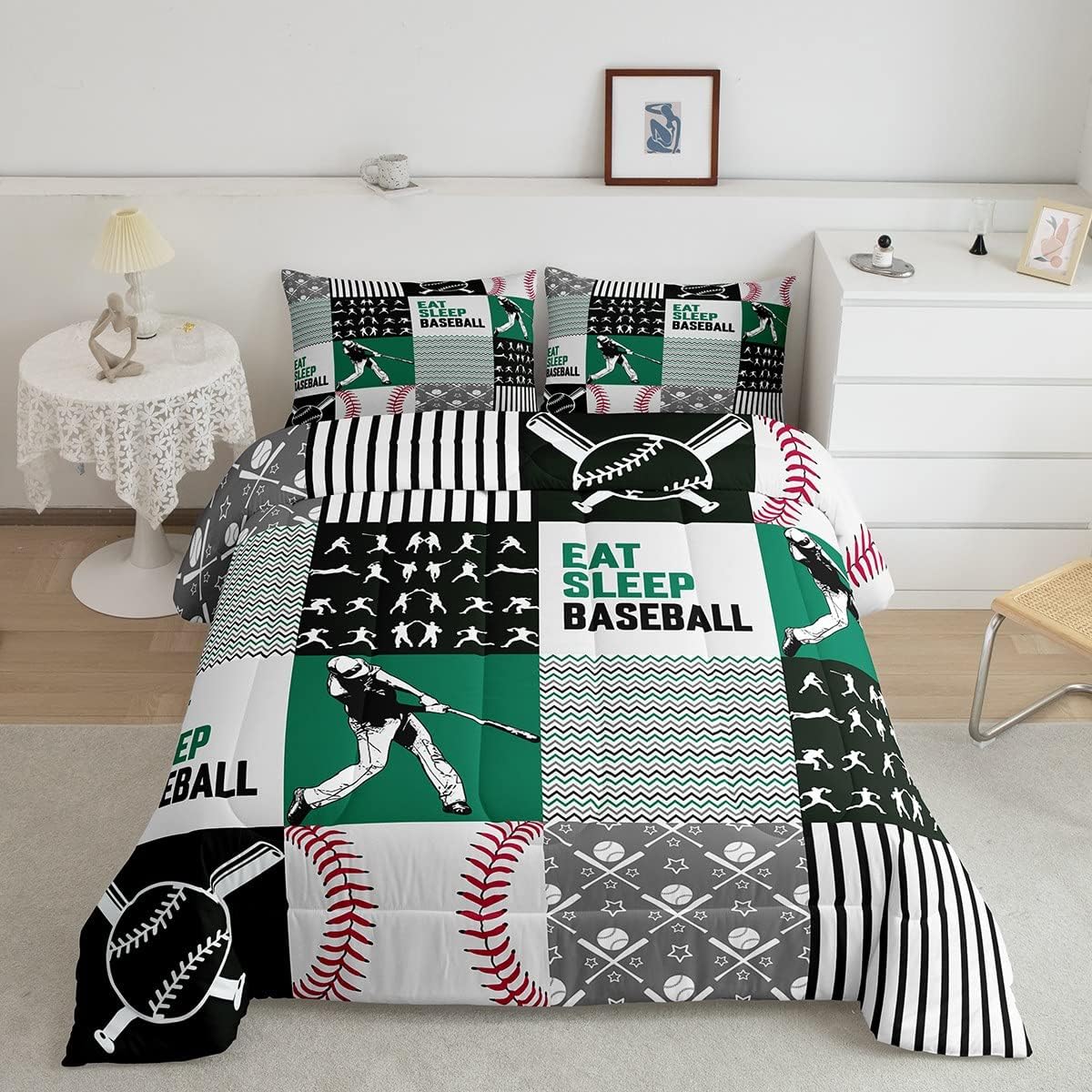 Erosebridal Ropa de cama de béisbol tamaño matrimonial, juegos de edredón de jugador de béisbol para adolescentes y adultos, edredón de retazos de