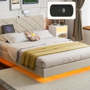 IKIFLY Base de cama flotante de tamaño matrimonial con 2 puertos USB, cama moderna tapizada de lino con luces LED, no necesita somier, listones de IKIFLY Base de cama flotante de tamaño matrimonial con 2 puertos USB, cama moderna tapizada de lino con luces LED, no necesita somier, listones de