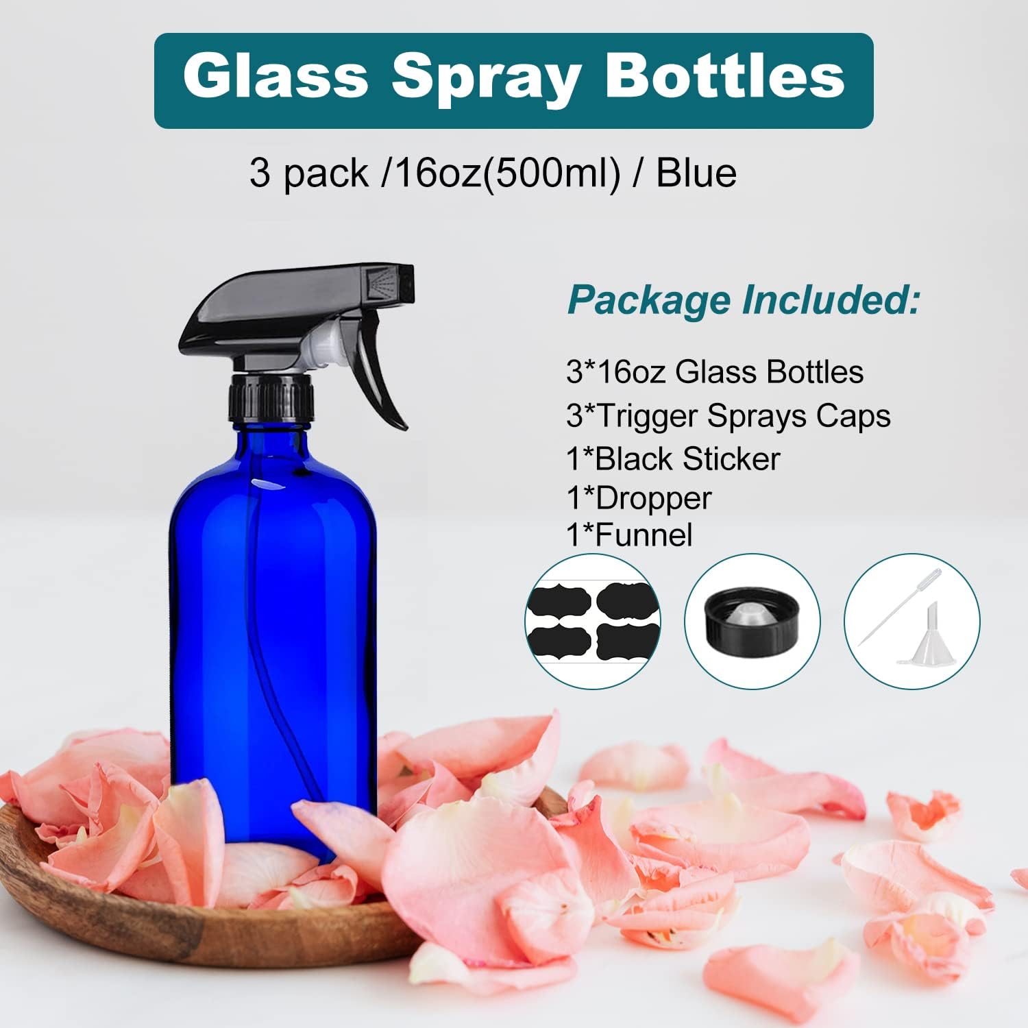 Botellas de vidrio azul de 16 onzas  Paquete de 3 botellas vacías recargables para soluciones de limpieza, aceites esenciales, plantas, cabello