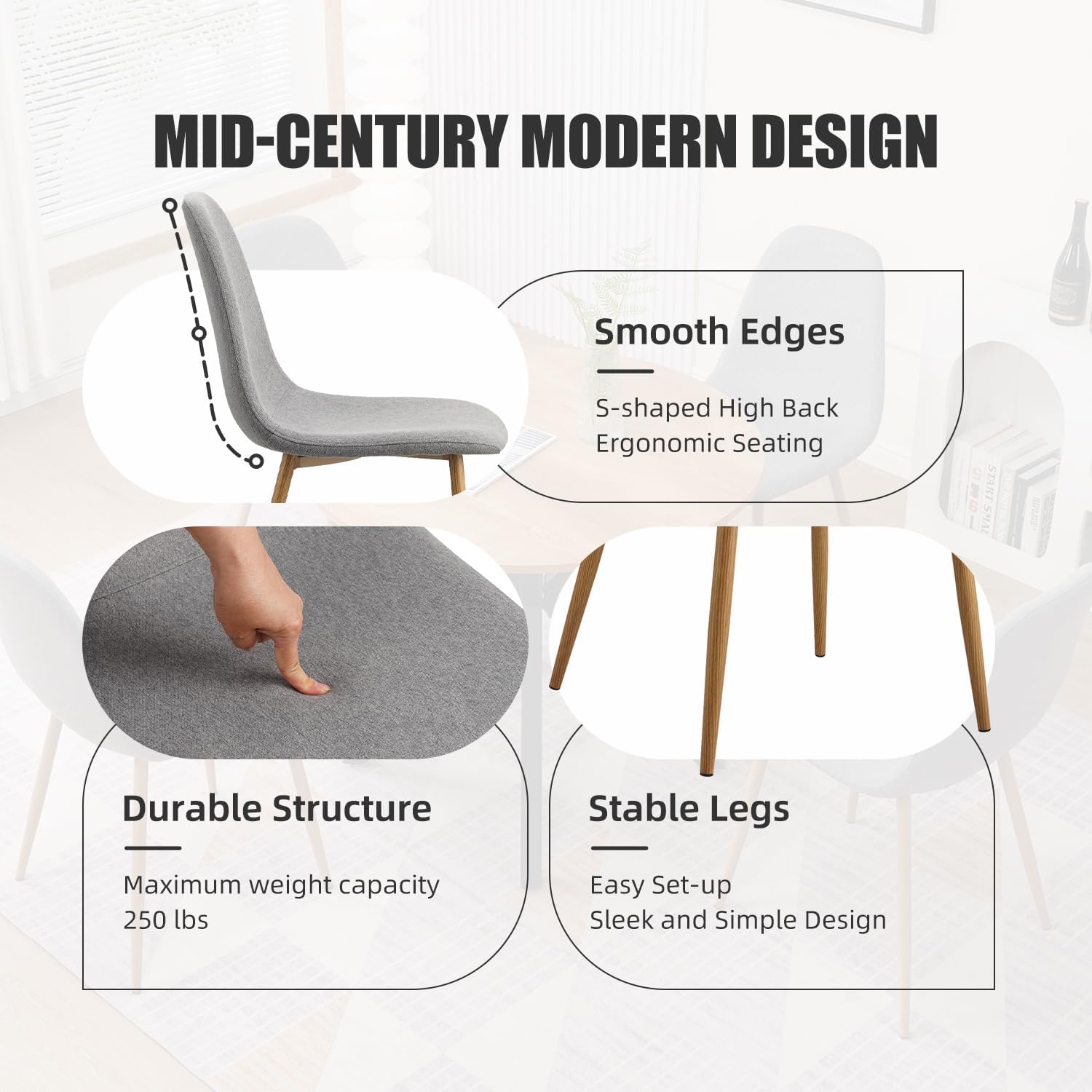 Juego de 4 sillas de comedor, sillas laterales de tela moderna de mediados de siglo, respaldo curvado tapizado sin brazos con patas de metal,