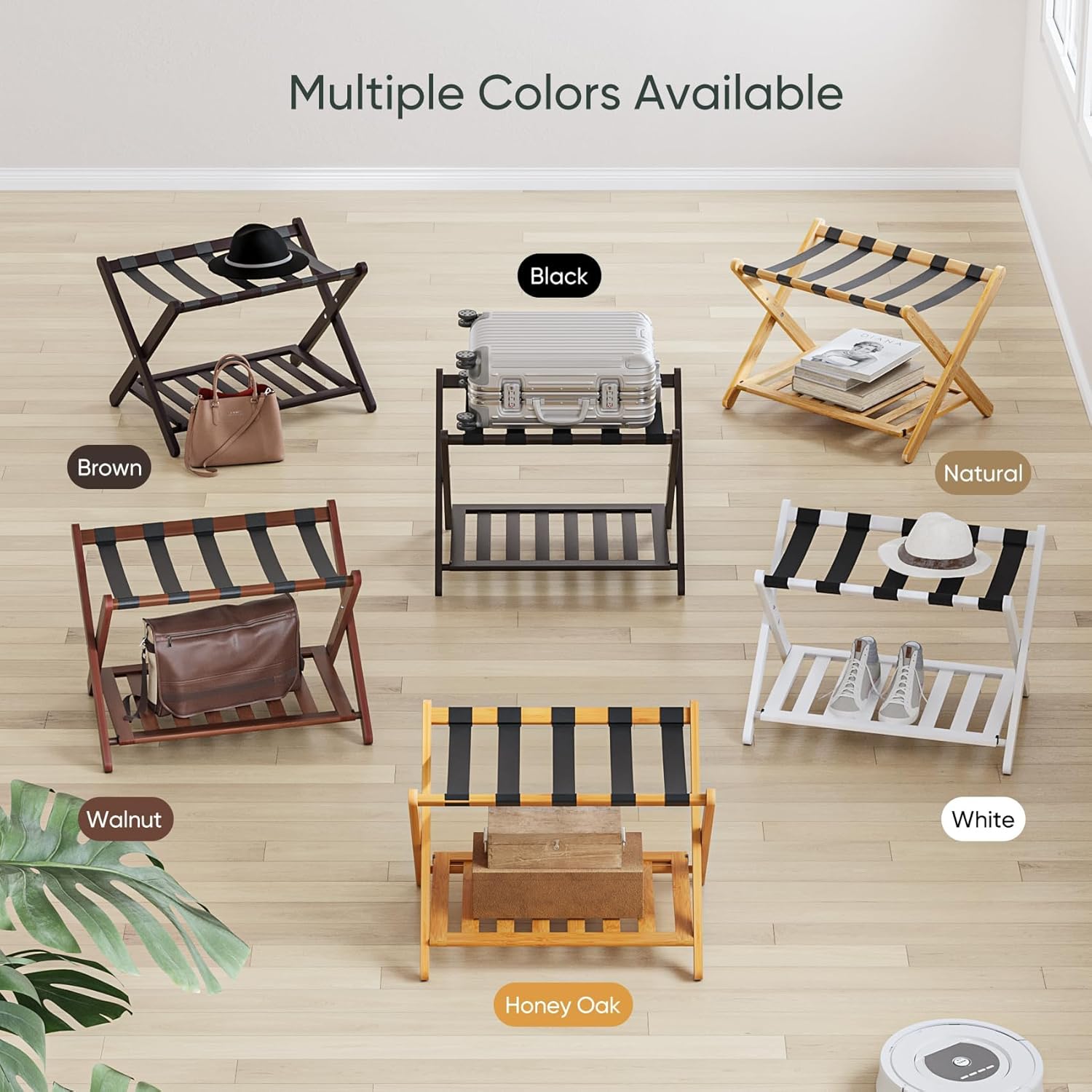 Semiocthome Paquete de 2 portaequipajes totalmente montado, soporte plegable para maleta con estante de almacenamiento, estante de madera para