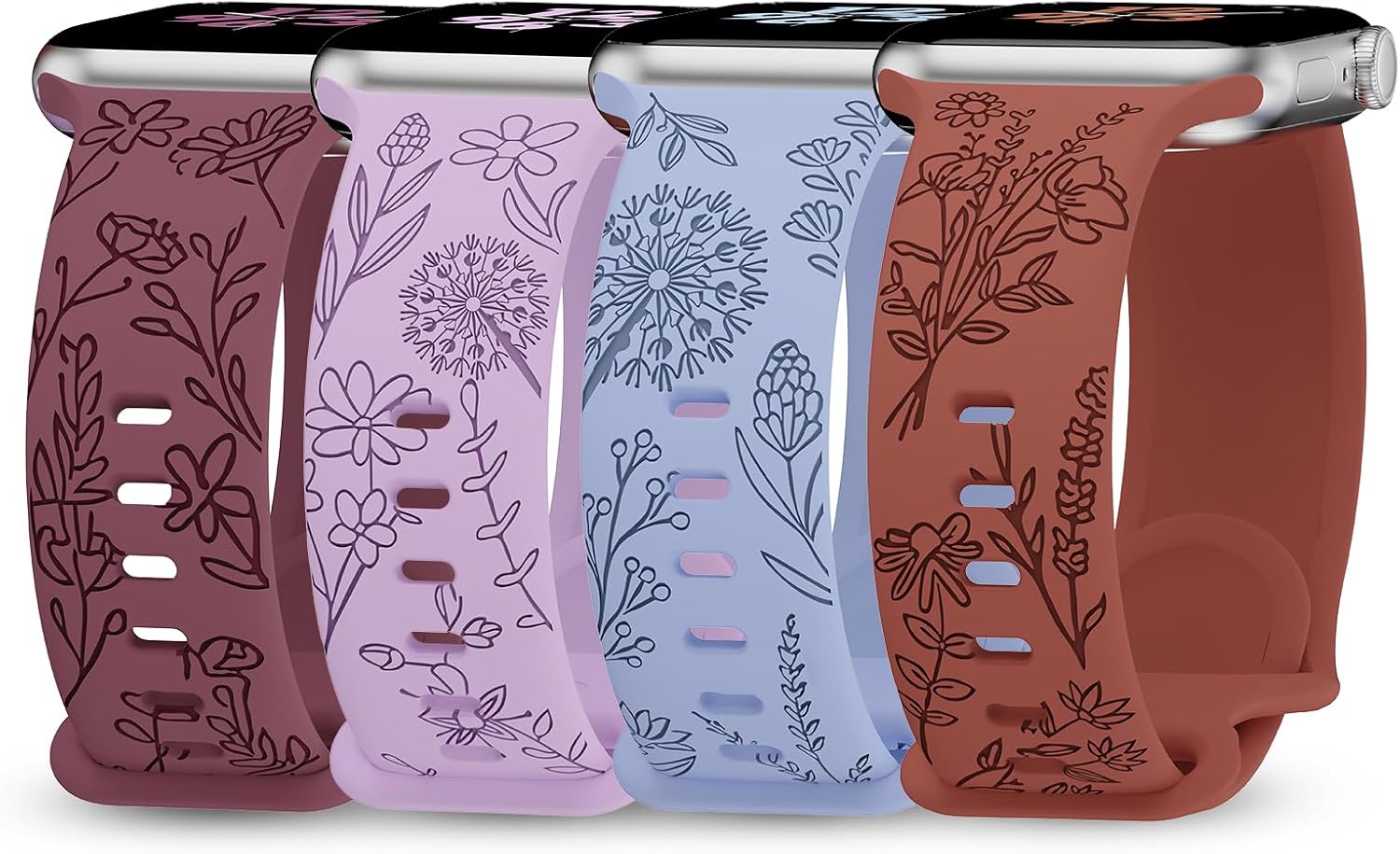 Paquete de 4 correas grabadas florales compatibles con correas de Apple Watch de 1.496 pulgadas, 1.575 pulgadas, 1.614 pulgadas, 1.654 pulgadas,