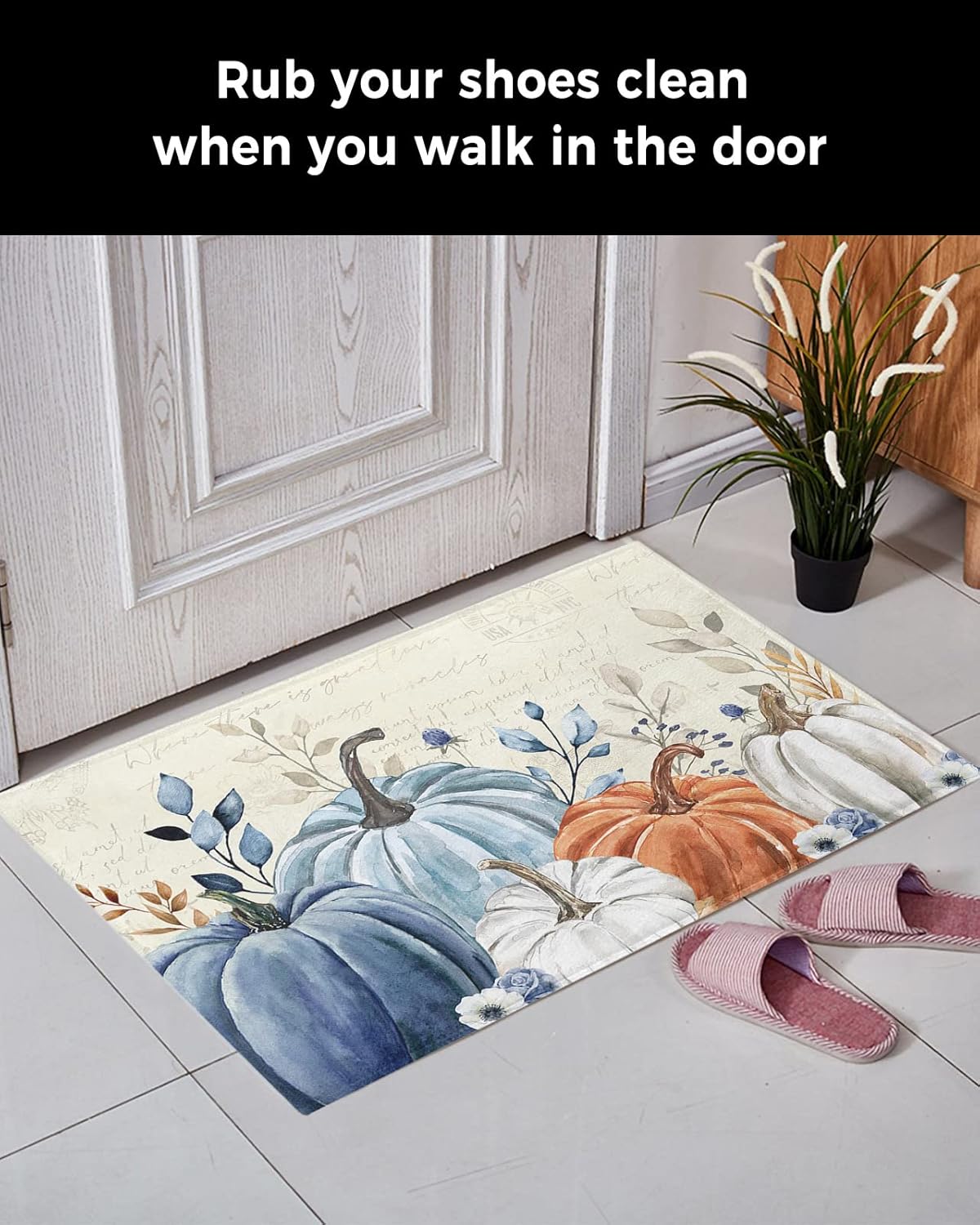 Elegant Pumpkins – Alfombra de baño antideslizante, suave, de pelo largo, peludo, de 16 x 24 pulgadas, vintage, azul, naranja, blanco, eucalipto,