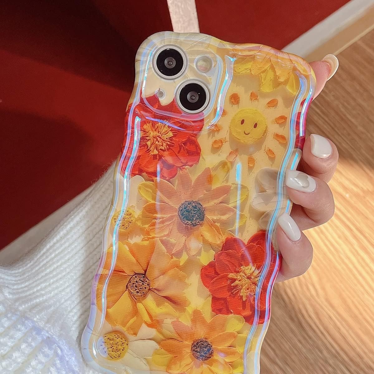 Kurhero Funda para iPhone 14 Pro con bonito diseño de borde ondulado transparente IMD con bonitas flores de patán, duradera, moderna, retro, de