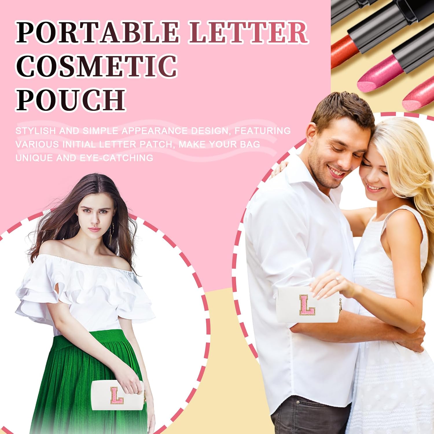 Bolsa de maquillaje personalizada con parche de letra inicial, bolsa de cosméticos con cremallera, Letra blancarosa