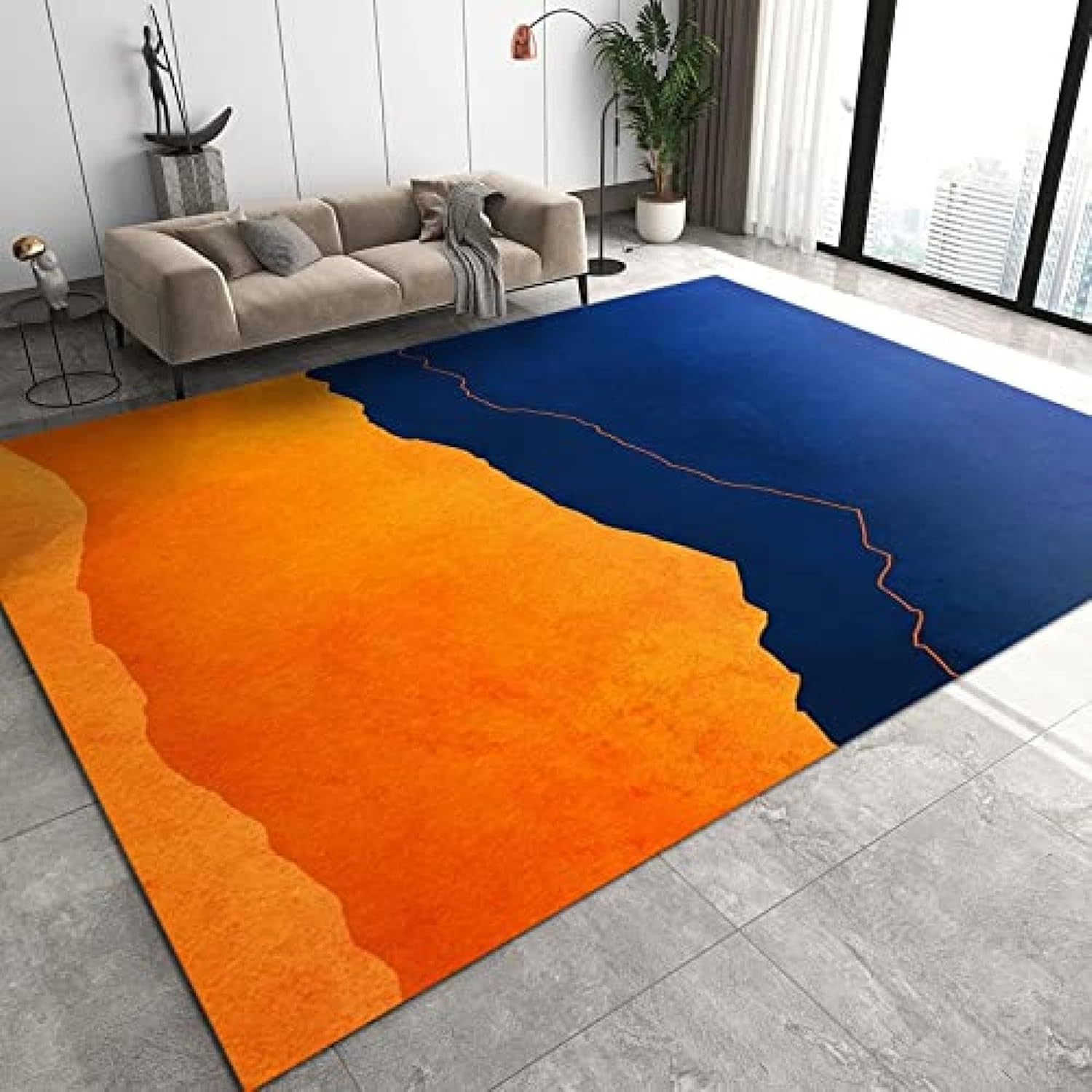 Alfombra de área degradada naranja y azul, moderna, sencilla, alfombra fácil de limpiar, antideslizante, de pelo bajo, esponjosa, cómoda, suave,
