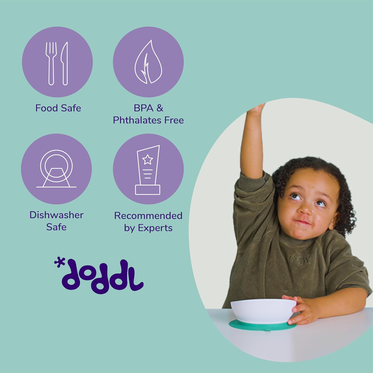 doddl Tazón de succión ergonómico para niños pequeños y bebés, platos ergonómicos para niños de 1 a 3 años, apto para lavavajillas, sin BPA (blanco