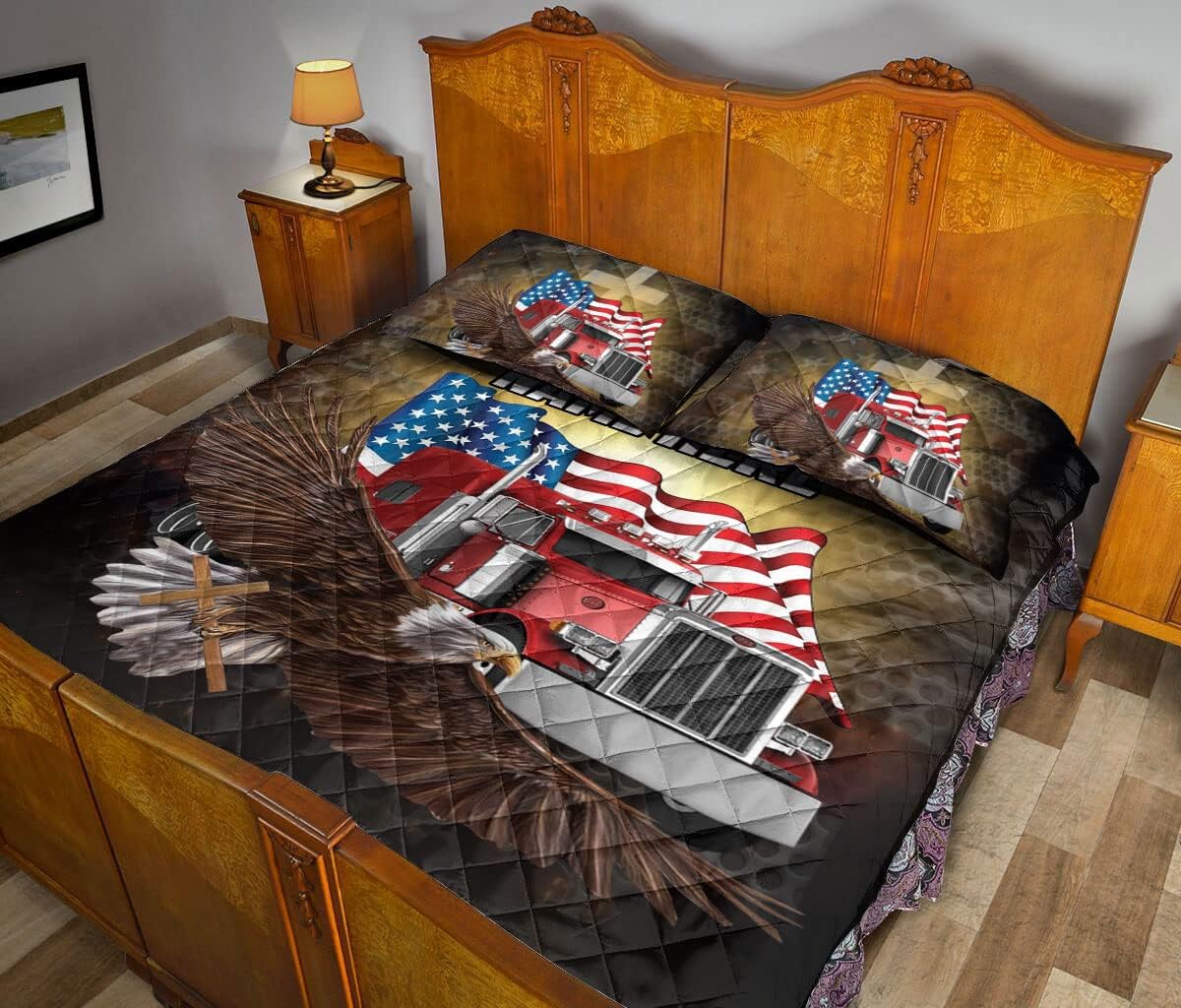Juego de ropa de cama y fundas de almohada con diseño de bandera estadounidense con diseño de bandera estadounidense, diseño de camionero, juego de