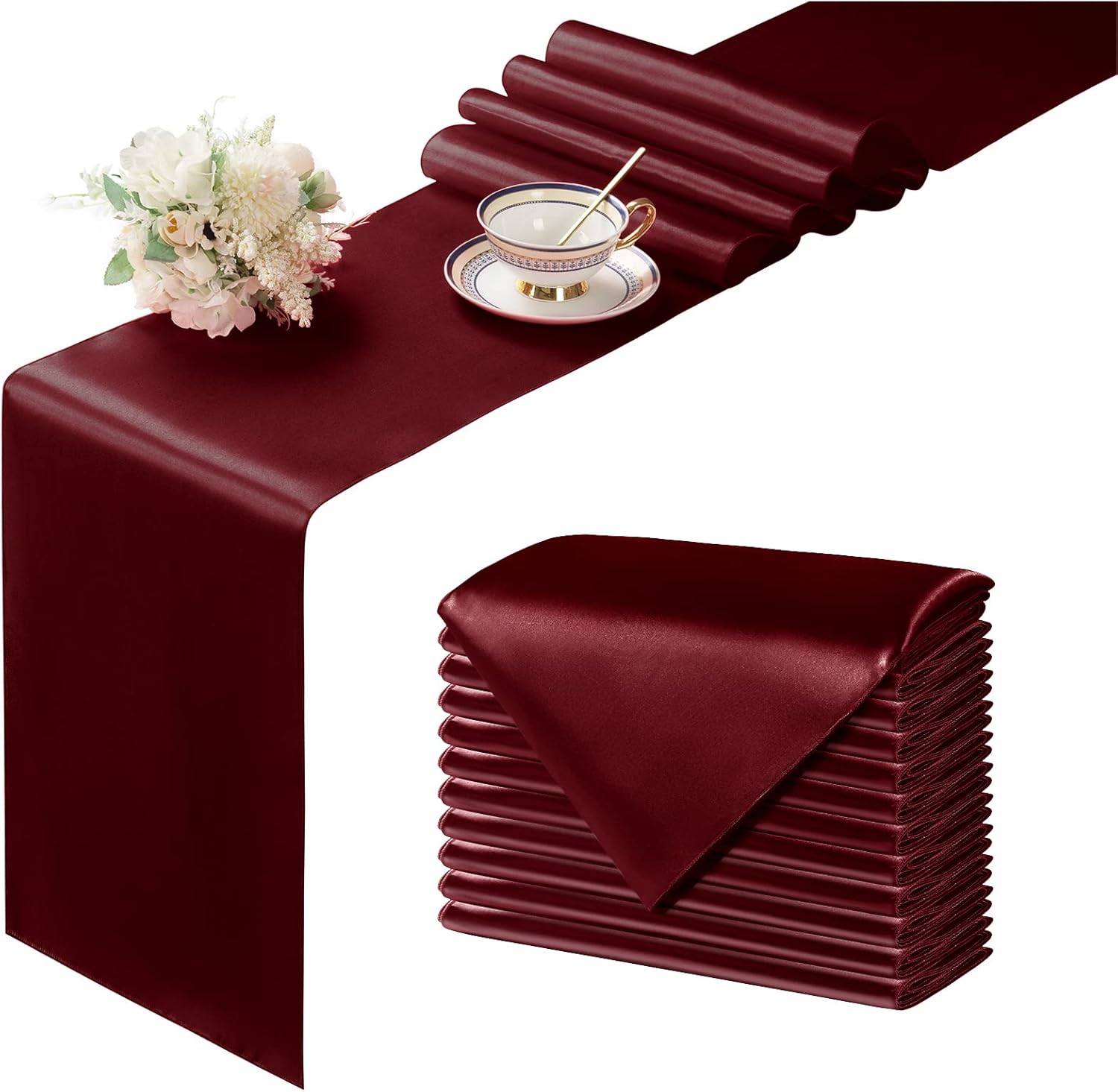 24 caminos de mesa color granate satinado  12 x 108 pulgadas de largo, camino de mesa para fiesta, decoración brillante y suave, decoración de boda,