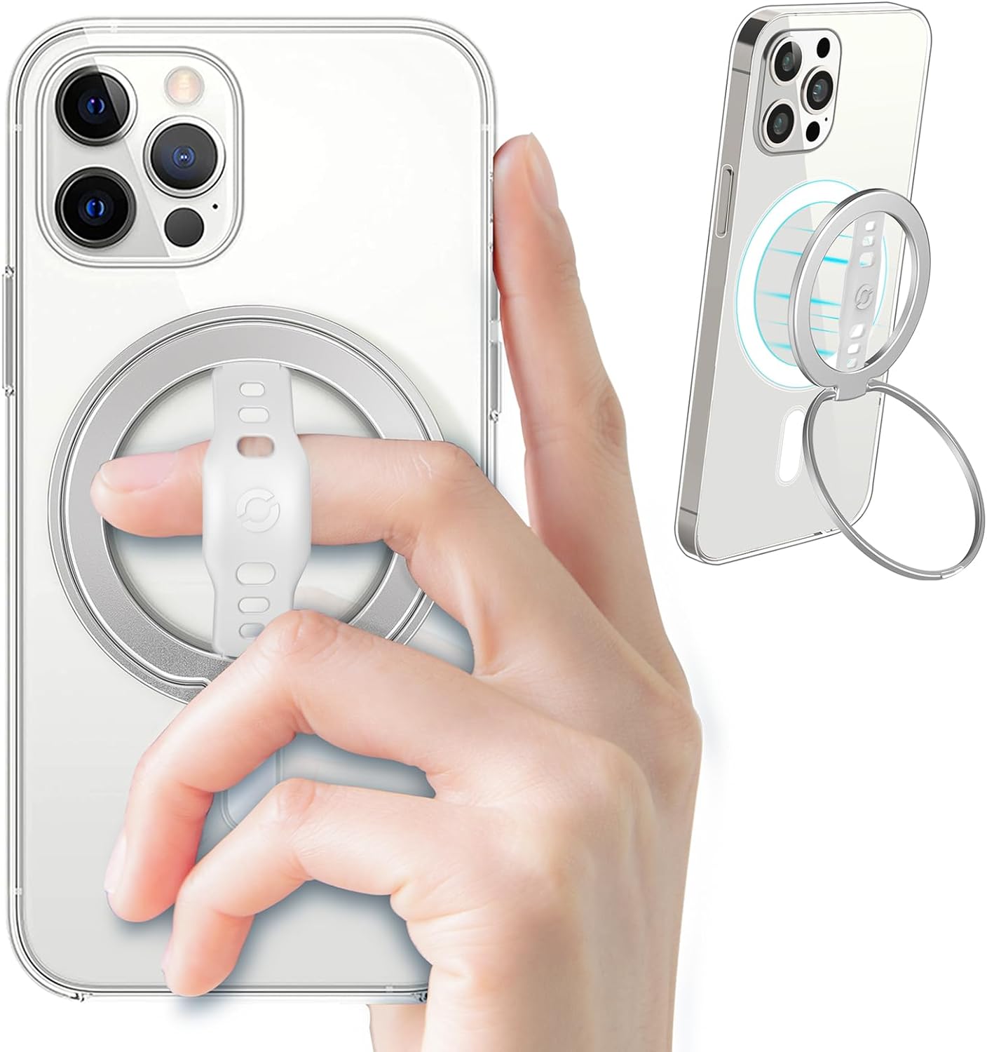 EWA El nuevo MagOne (actualización) compatible con MagSafe Phone Grip Stand con correa de silicona para los dedos, soporte magnético extraíble, solo