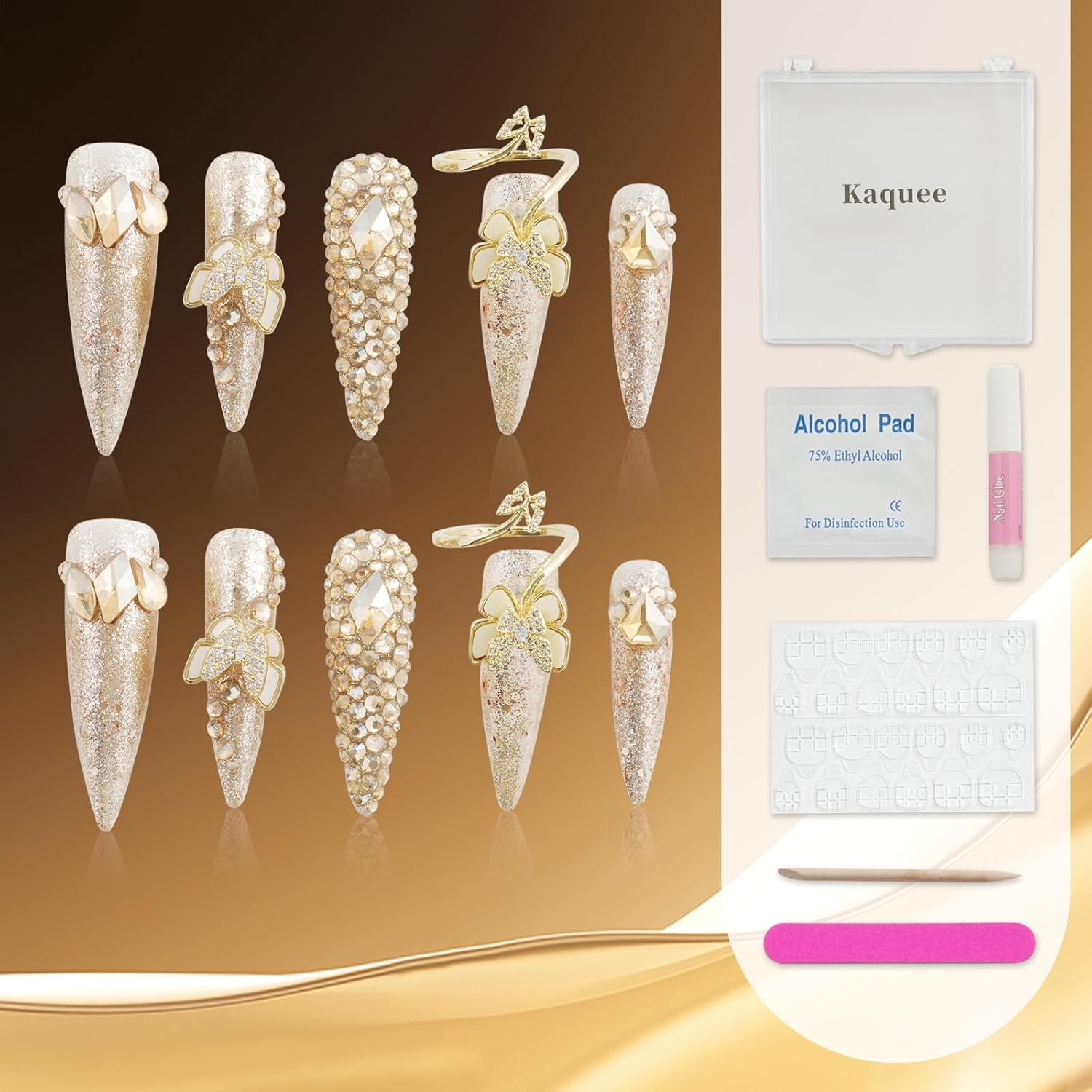 -Uñas largas a presión realmente hechas a mano, uñas postizas de lujo dorado estilo stiletto Y2k, uñas adhesivas con pegamento con diamantes de