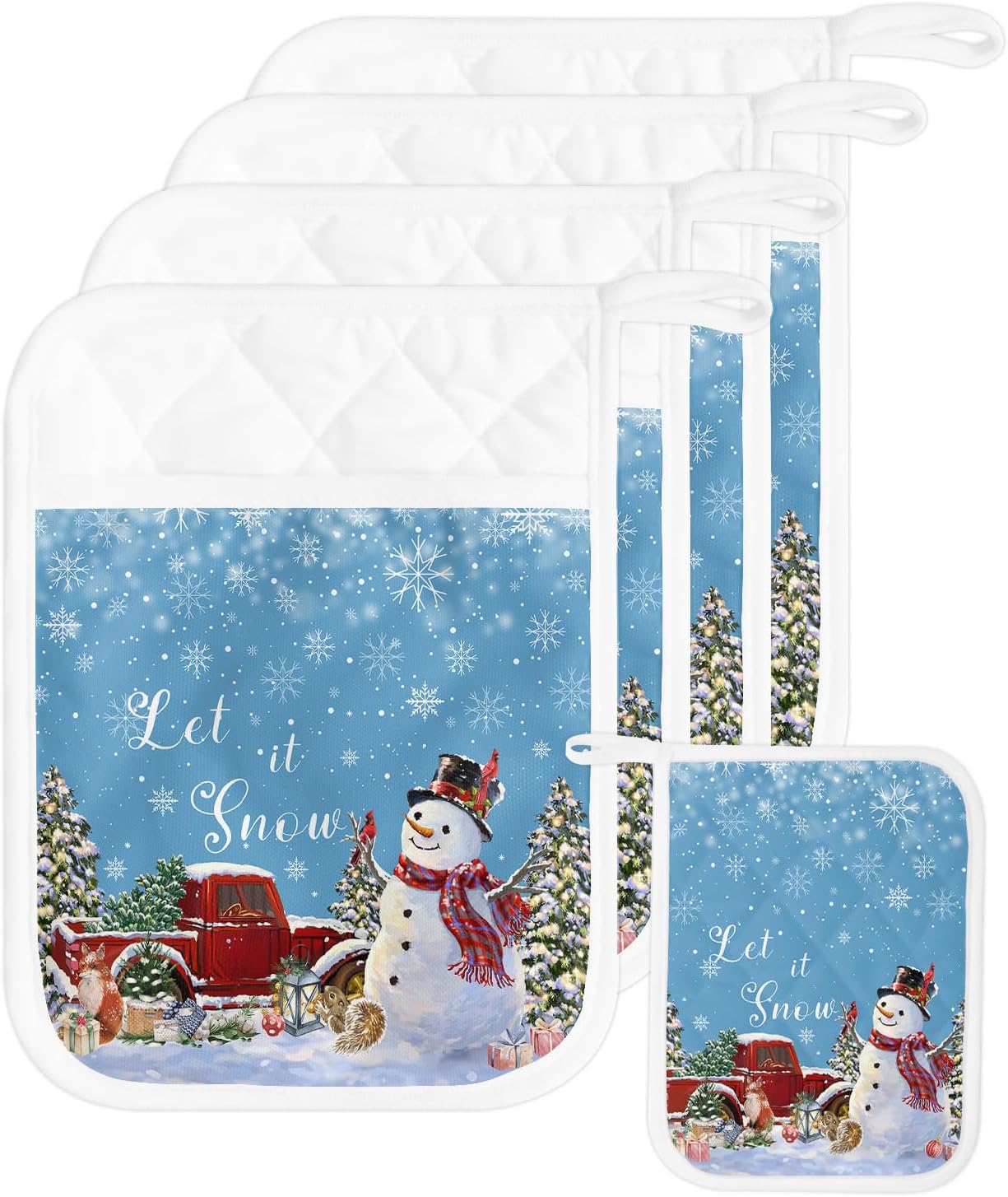Christmas 5Pcs Pot Holders for Kitchen,Non Slip & Heat Insulation Terry Cloth Potholder Set with Pocket,Thick Hot Pad Oven Mitts Trivet Coaster for