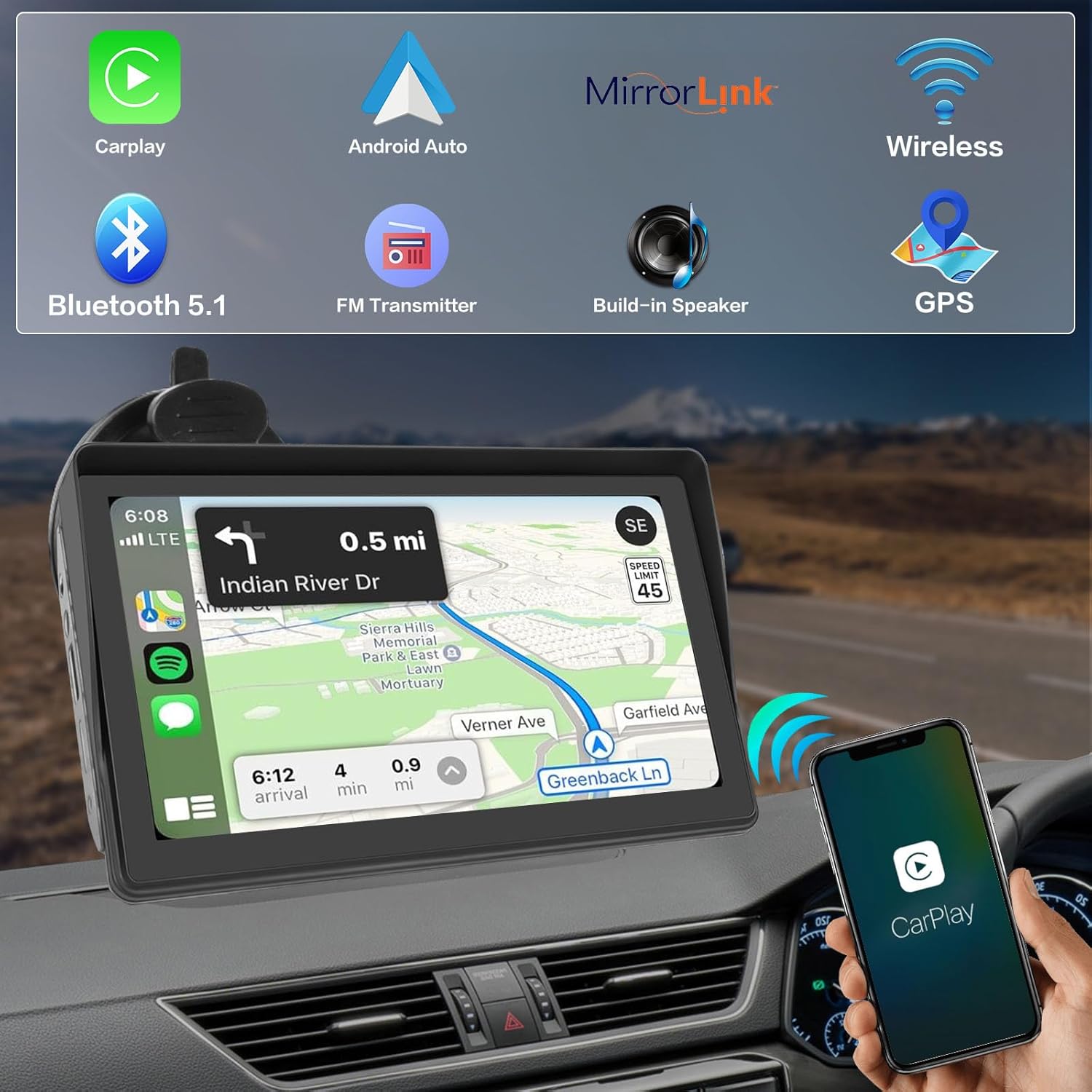 Hikity Estéreo inalámbrico portátil de Apple Carplay para automóvil de 7 pulgadas, pantalla táctil inalámbrica Android Auto, radio portátil para
