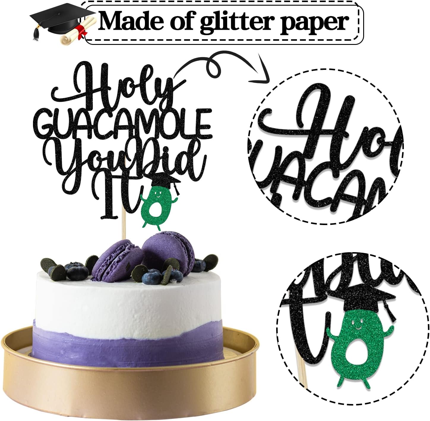 Decoración para tartas de guacamole con purpurina negra con texto en inglés “You Did It”, Holy Shit You Did ItClass of 2023Congrats Grad,