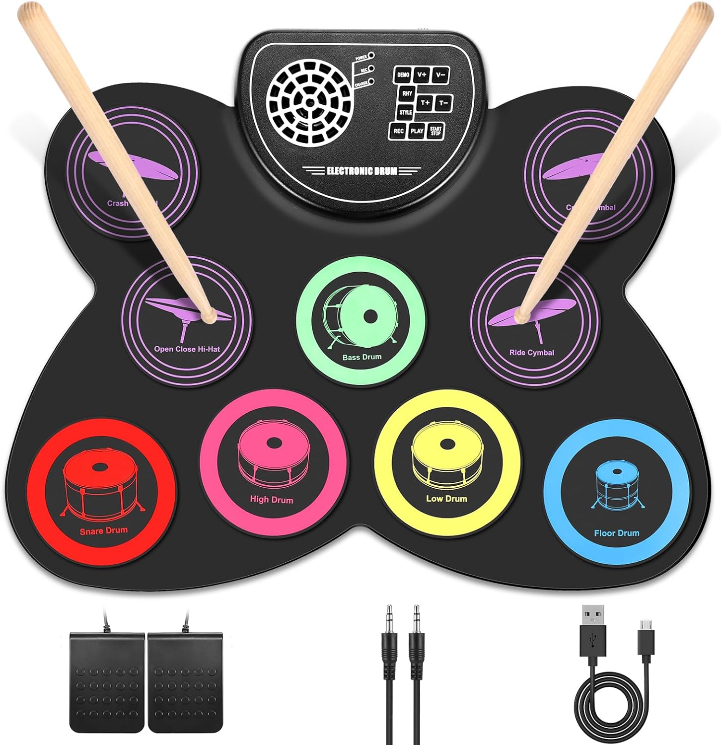Anpro Juego de batería eléctrica, 9 almohadillas de batería con conector para auriculares, kit de batería electrónica enrollable con pedales de