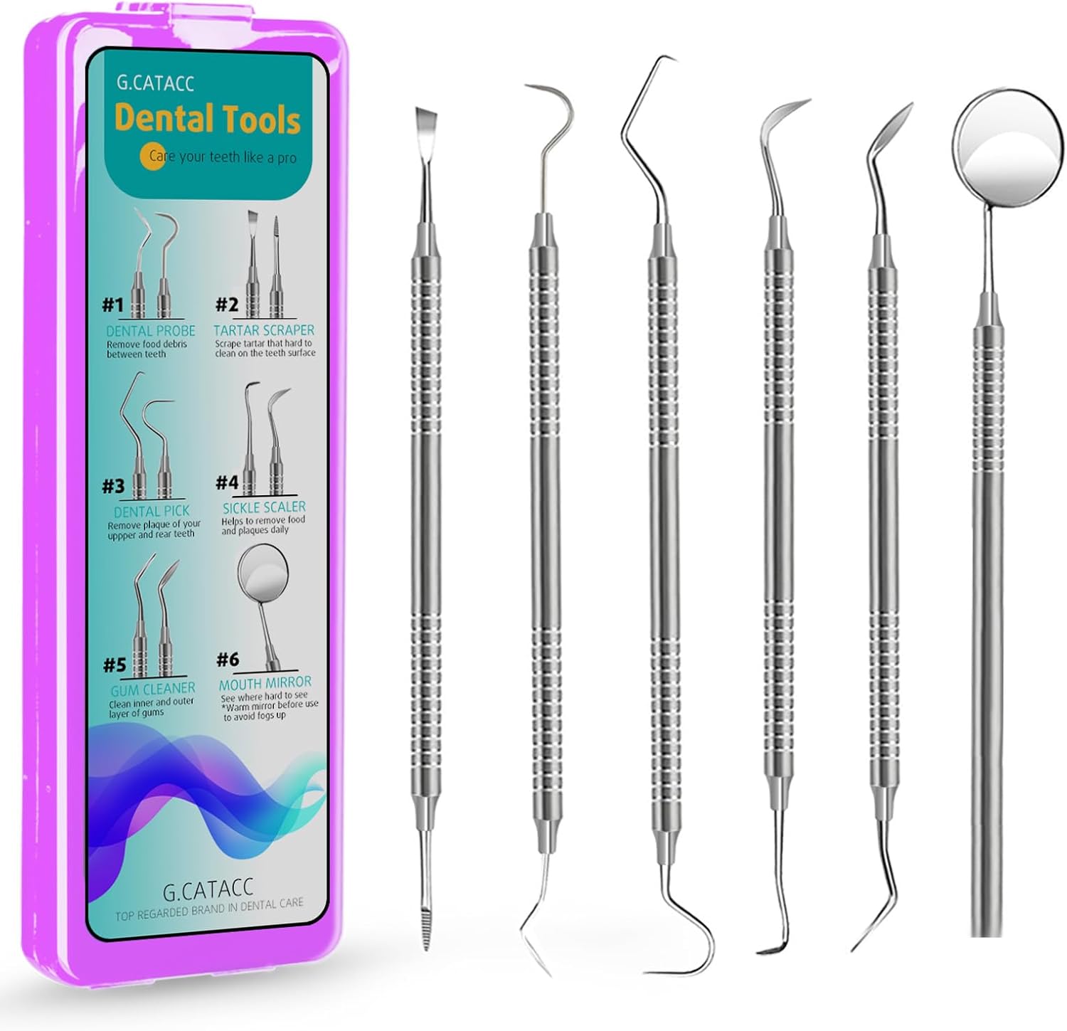 CATACC PRO Herramientas dentales, púa dental, kit de higiene dental, kit de herramientas de limpieza dental de acero inoxidable con raspador de