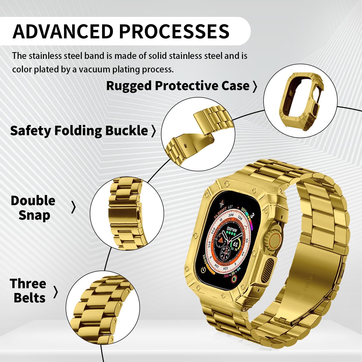 Compatible con Apple Watch Case Band Iwatch Ultra Series 987654SE, 1.731.751.75 pulgadas, correa protectora de acero inoxidable sólido, grande,