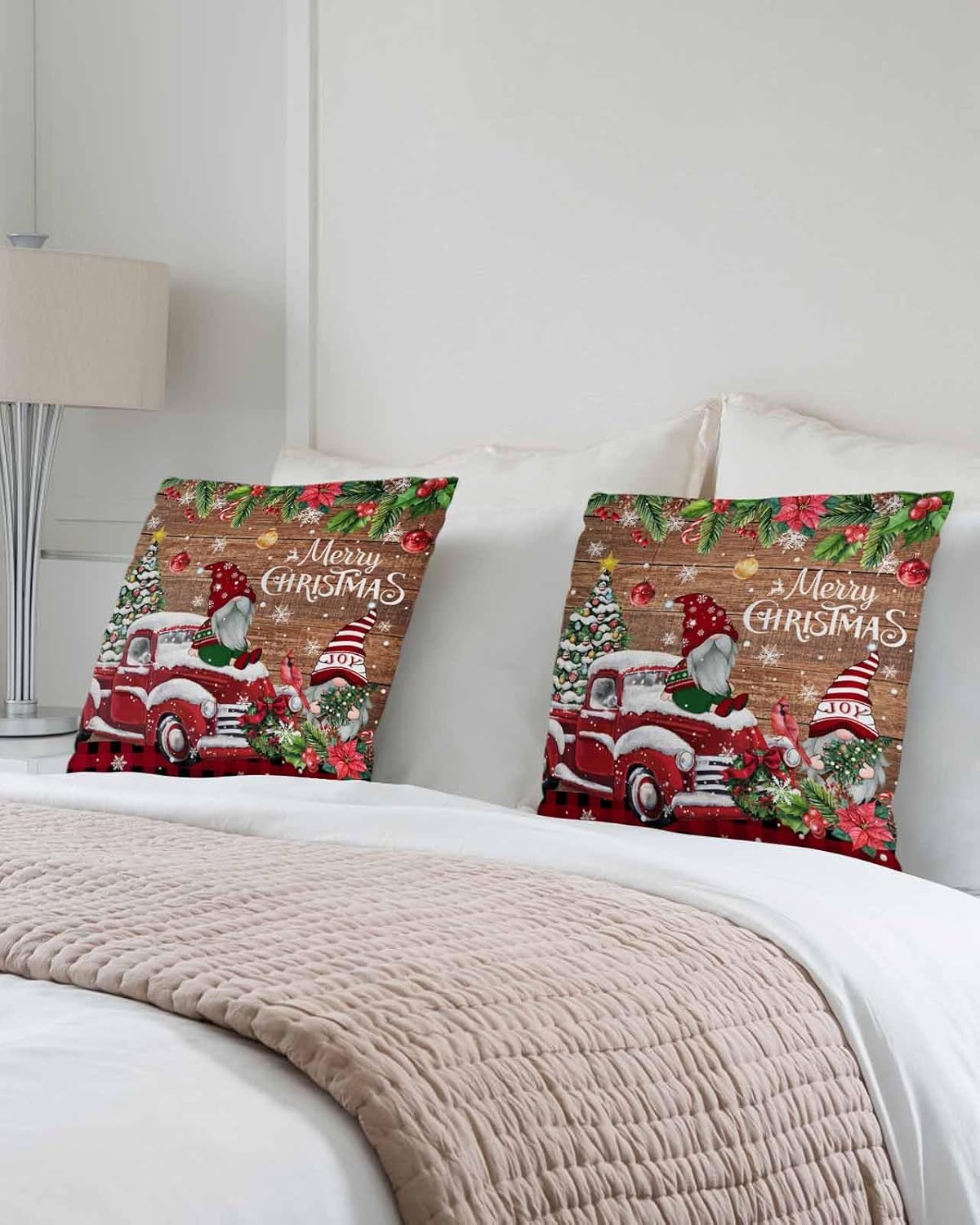 Juego de 2 fundas de almohada de 18 x 18 pulgadas, diseño de camión de gnomo de Navidad, fundas de almohada cuadradas de lino y algodón para patio,
