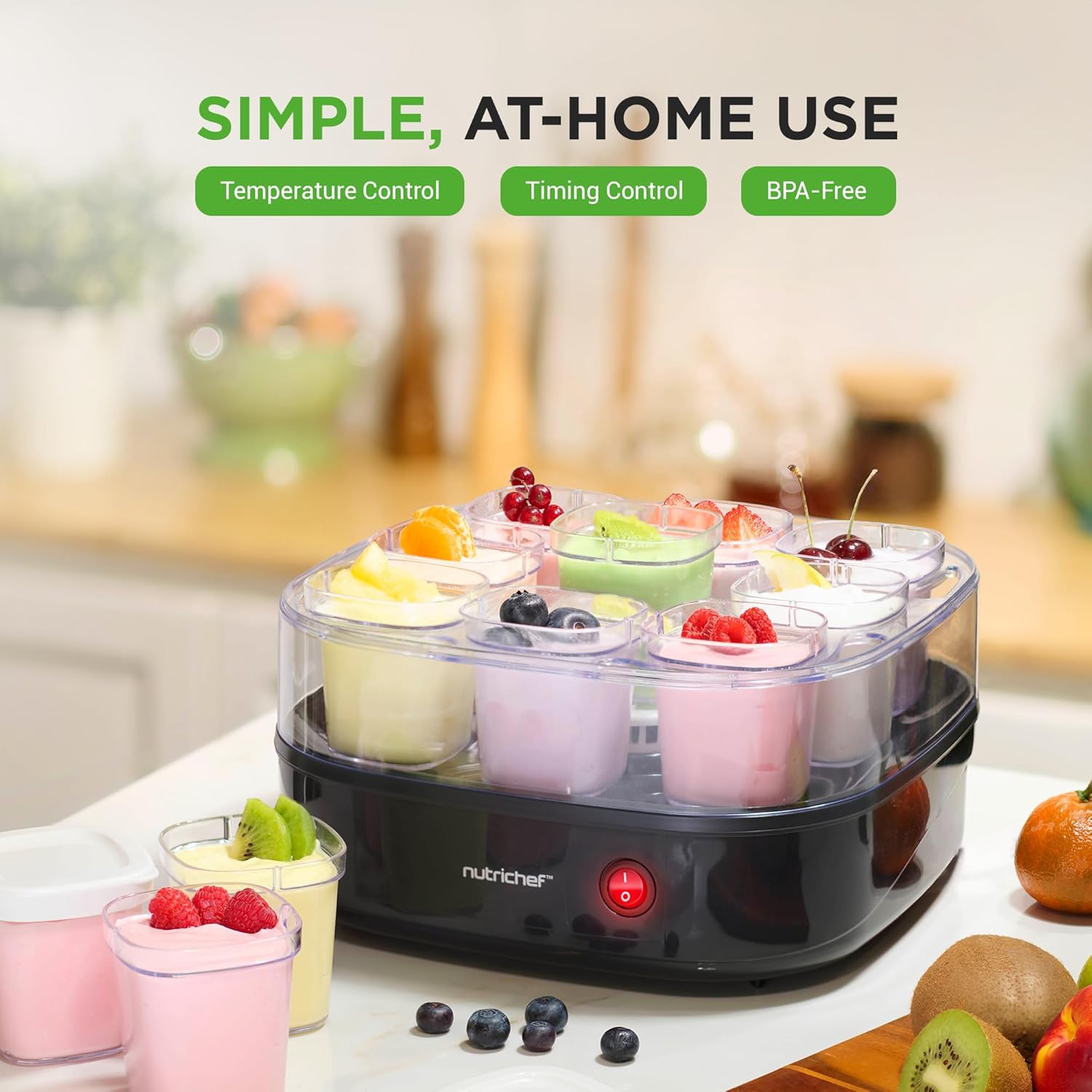 Nutrichef Máquina automática de yogur de 9 tazas  Incluye 9 vasos reutilizables de 5 onzas con tapas y estante de yogur para almacenamiento