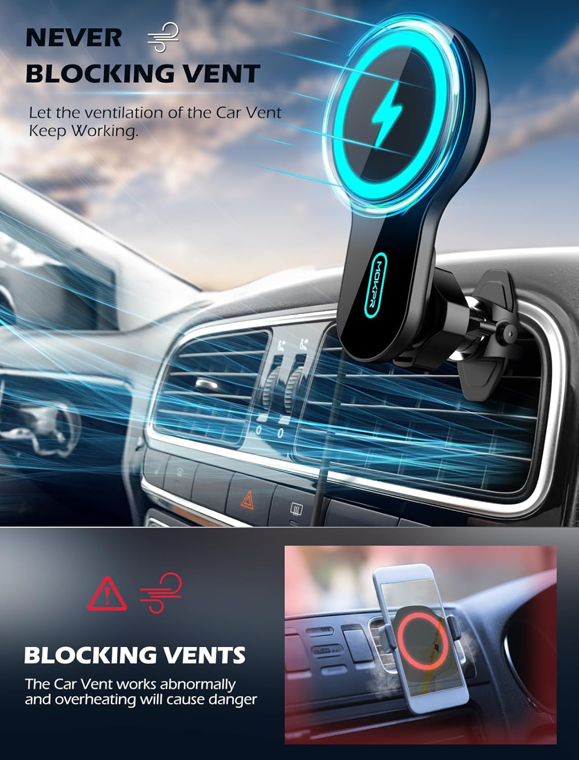 MOKPR Cargador de coche MagSafe para automóvil, disipación de calor de 15 W, cargador inalámbrico para automóvil, carga rápida, soporte magnético