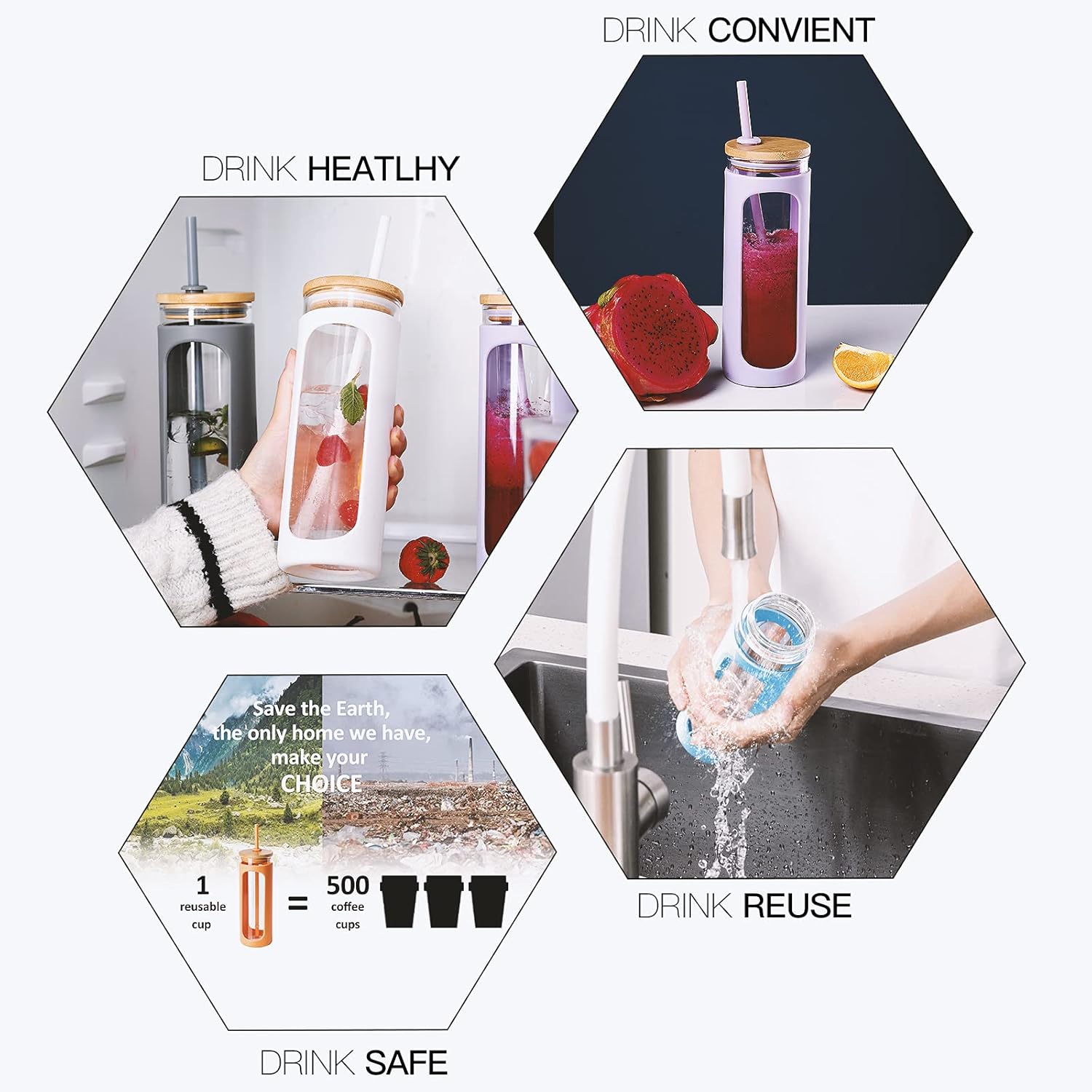 Kodrine – Vaso con popote para beber, capacidad de 20 onzas fluidas, con tapa de bambú, para café helado, reutilizable, boca ancha, para batidos,