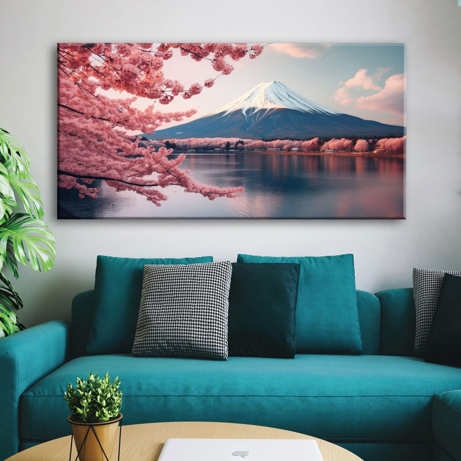 YONICA Arte de pared de montaña para decoración de sala de estar, oficina, paisaje con flores de cerezo rosa y monte Fuji impresión de imagen en