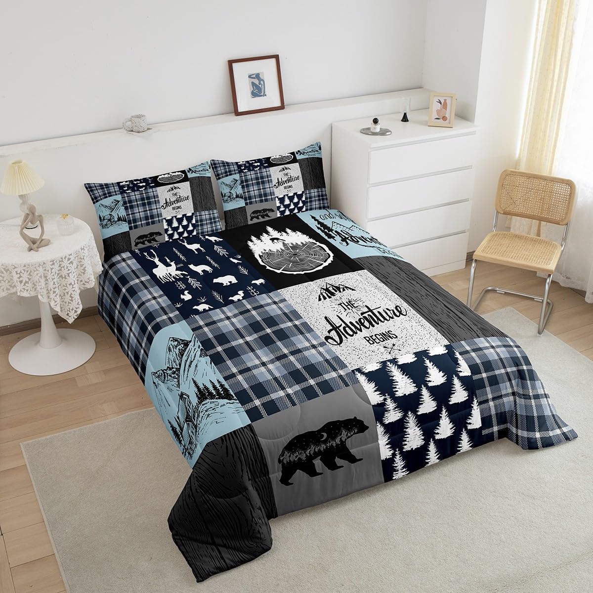 Juego de ropa de cama de cabaña retro rústica tamaño King, juego de edredón de oso y ciervos para niños, adolescentes y adultos, edredón de caza de