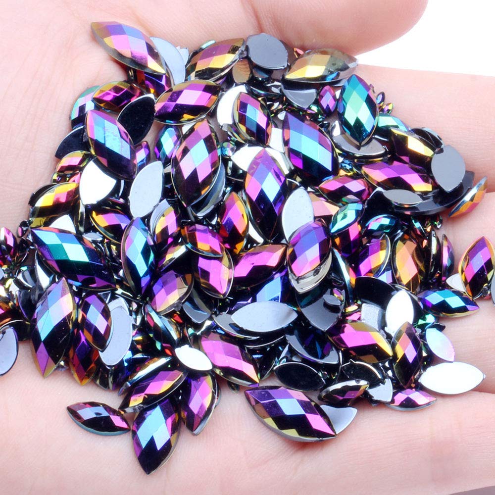 300 piezas de diamantes de imitación mixtos de color AB de ojo de caballo negro para arte de uñas, parte trasera plana, cristal con purpurina 3D,