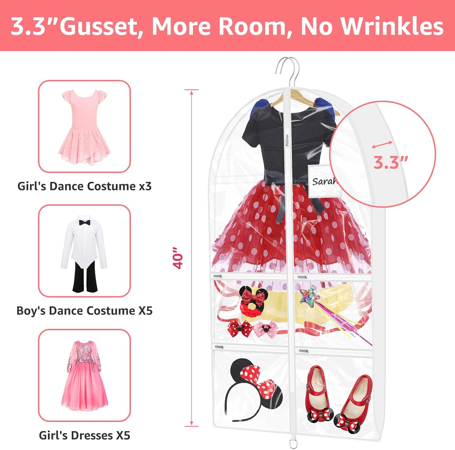 Bolsas transparentes de 40 pulgadas para disfraces de baile para bailarines con 6 bolsillos con cremallera, guillots de 3.3 pulgadas para