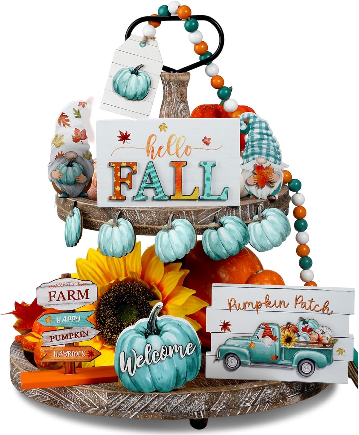 Soaoo Juego de 12 piezas de decoración de bandejas escalonadas de madera con texto en inglés “Hello Fall Pumpkin Gnomo”, letreros para otoño,