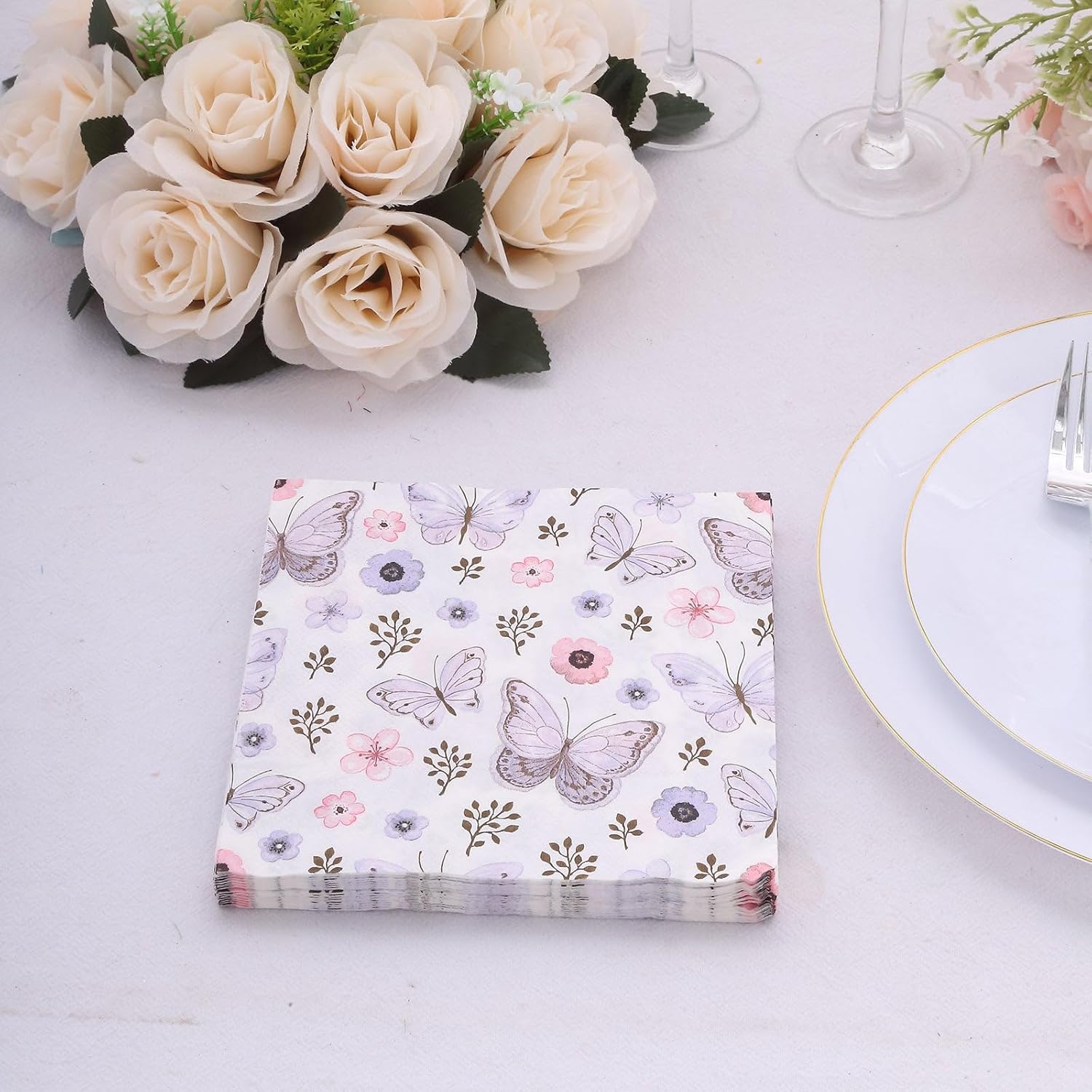 Efavormart – Paquete de 20 servilletas de papel de mariposa lavanda marfil, elegantes servilletas desechables de cóctel para fiesta de jardín, 18 GSM