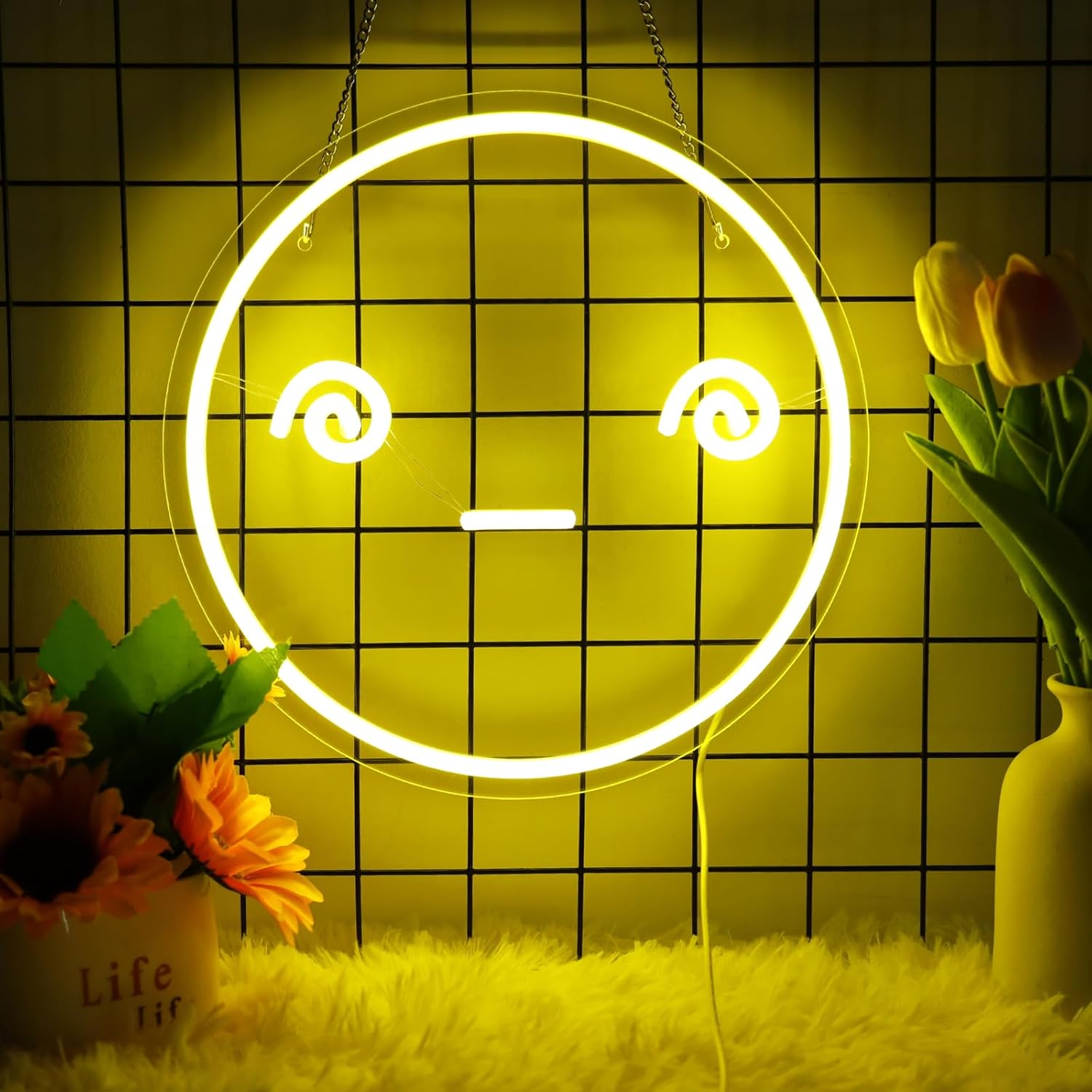 Letrero de neón con cara sonriente para decoración de pared, 5 V alimentado por USB, luz de neón mareada con interruptor regulable para el hogar,