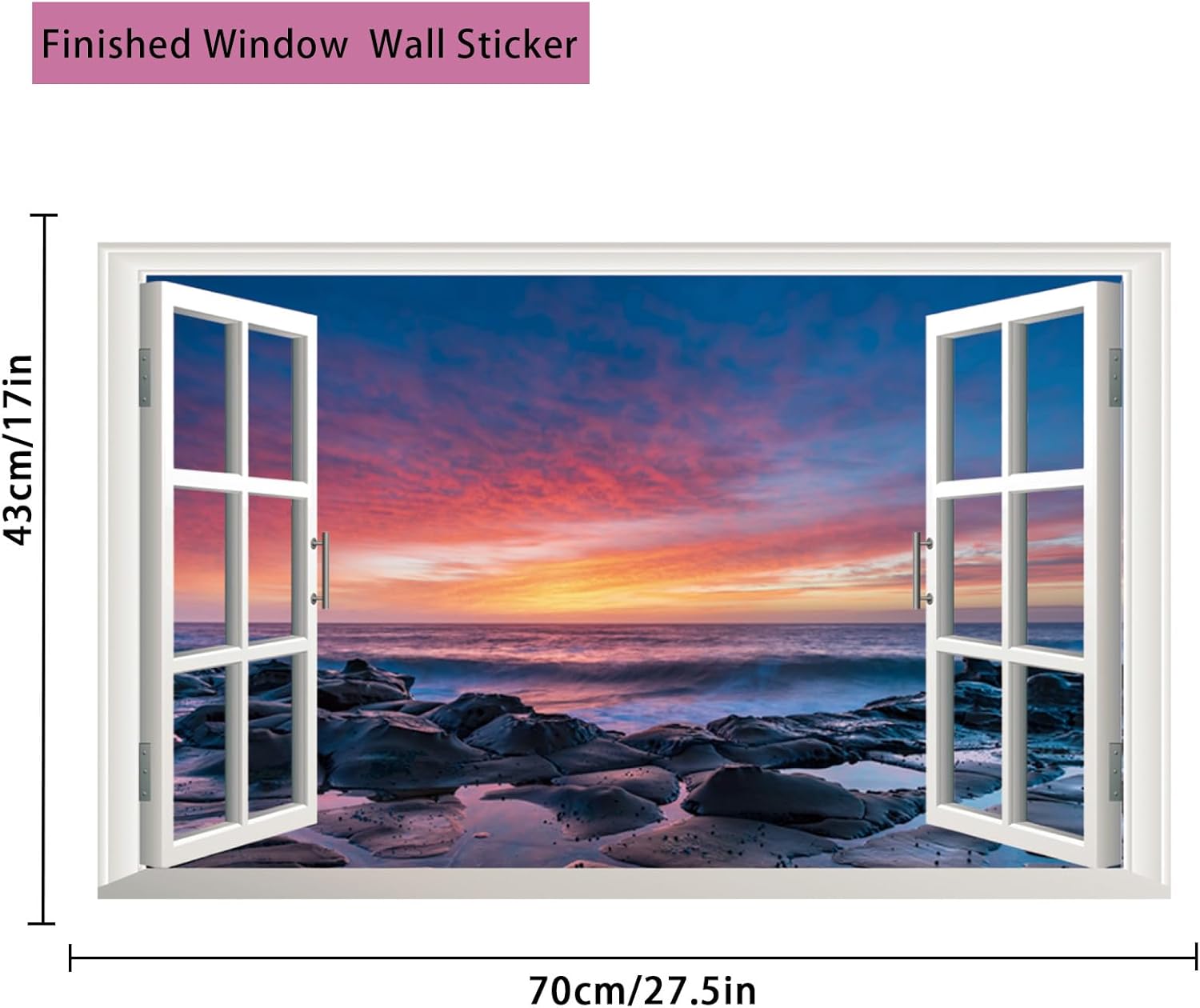 Calcomanía de pared de paisaje marino de playa, despegar y pegar, puesta de sol, ventana falsa 3D, naturaleza, océano, paisaje, vista de ventana,